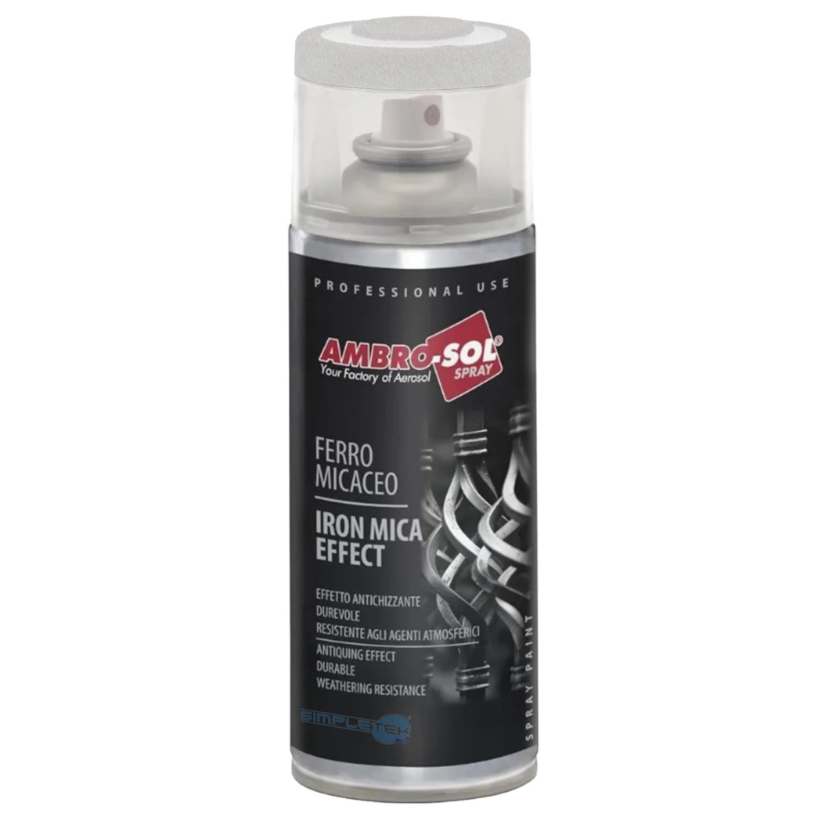 Una bomboletta di vernice spray Ambro-Sol Ferro Micaceo con etichetta effetto mica ferro su sfondo bianco.