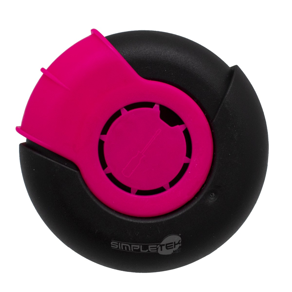 Utensile rotondo nero e rosa con un simbolo di cacciavite al centro e il marchio Simpletek.