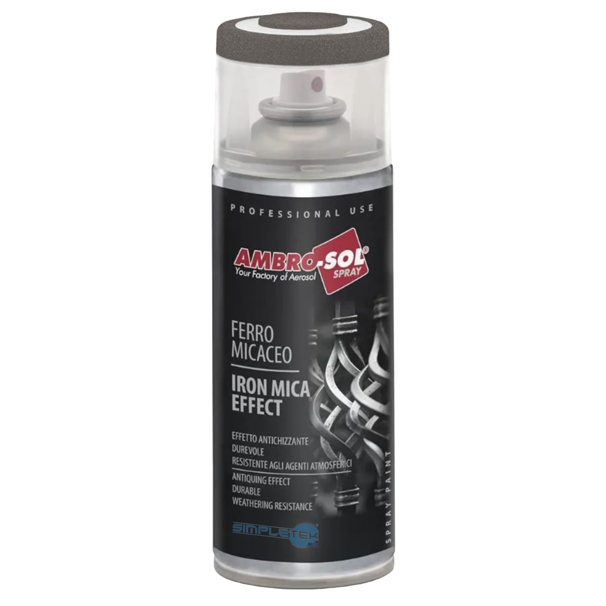 Bomboletta spray effetto ferro micaceo Ambro-Sol con etichetta nera, scritta bianca e tappo grigio.