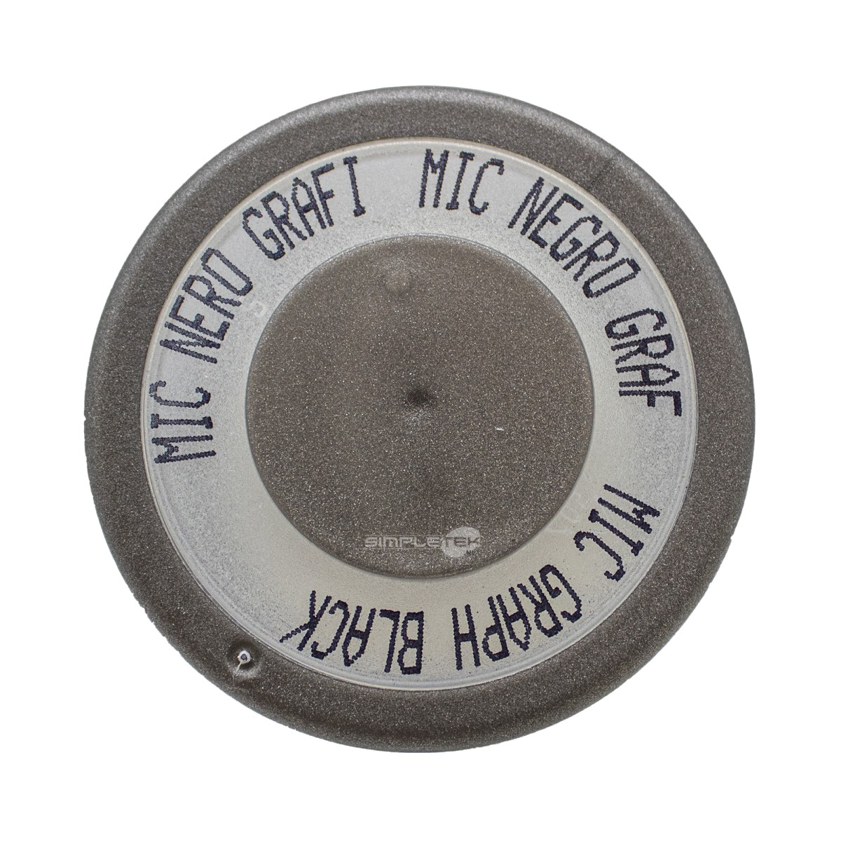Tappo grigio rotondo con testo stampato su un anello interno bianco.