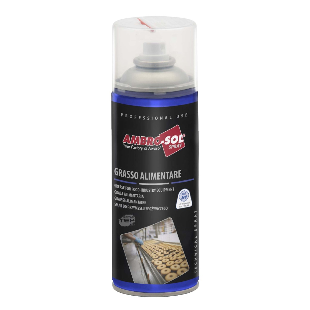 Una bomboletta spray con etichetta nera e blu riporta il marchio Ambro-Sol e una piccola immagine di cibo.