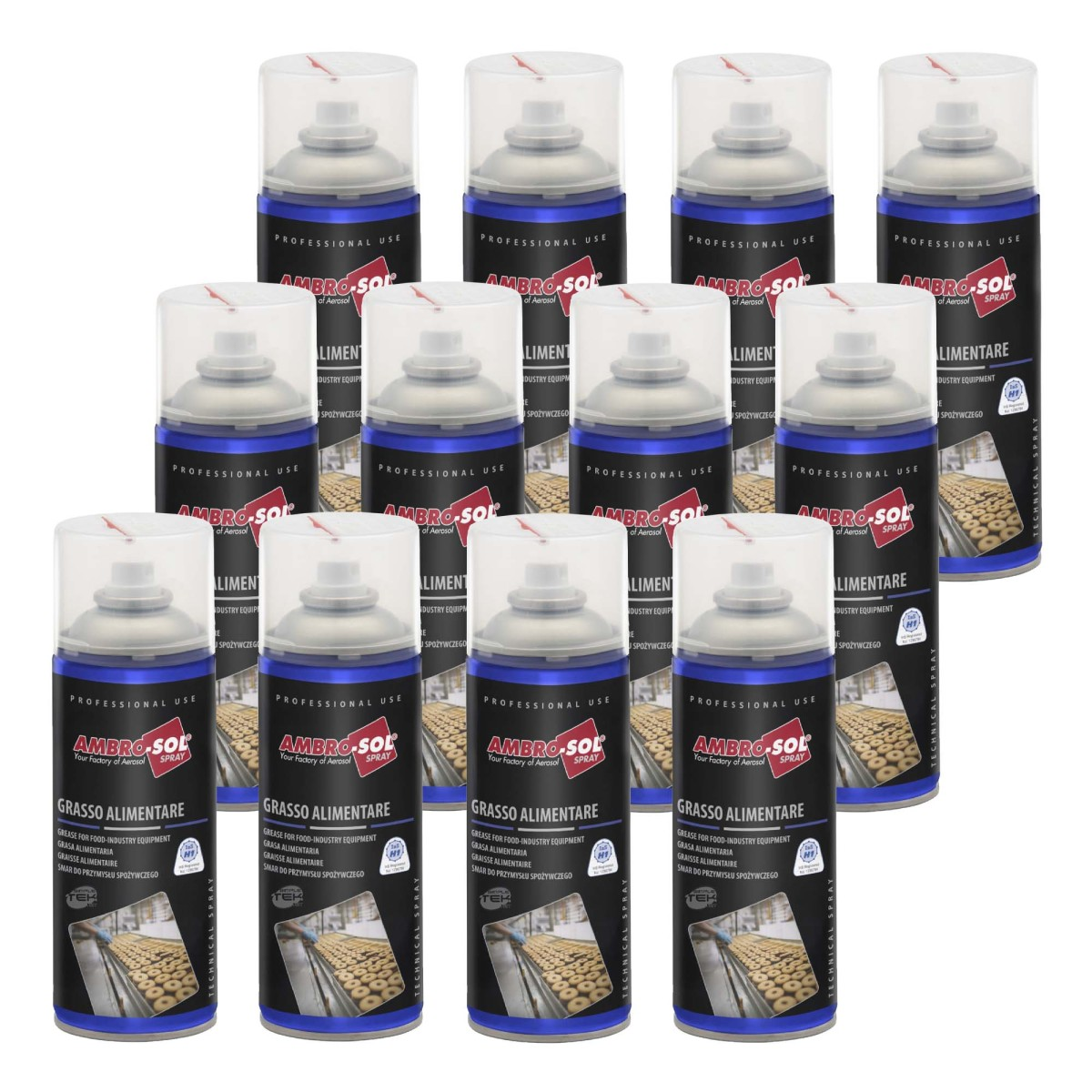 Dodici bombolette spray di grasso alimentare Ambro-Sol blu disposte a griglia su sfondo bianco.