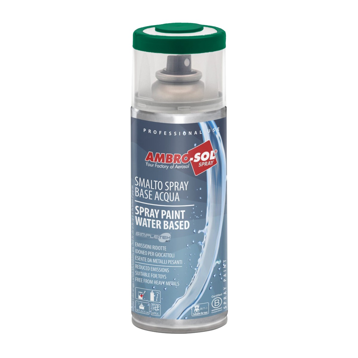 Una bomboletta spray etichettata Ambro-Sol Smalto Spray su sfondo grigio e blu.