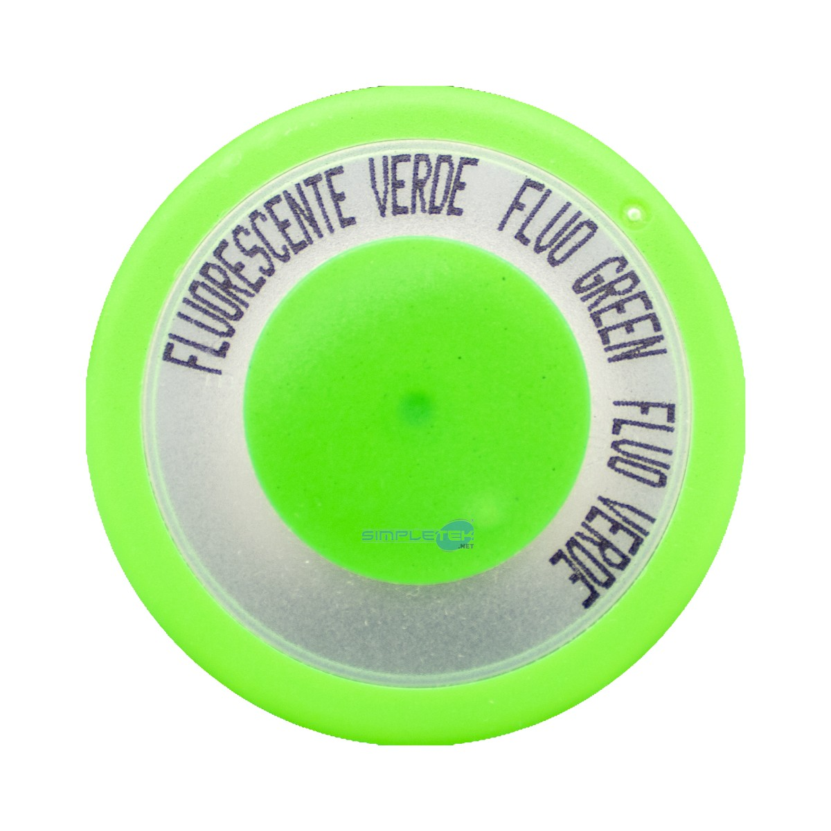 Un tappo di bottiglia rotondo verde brillante con scritte nere in più lingue.