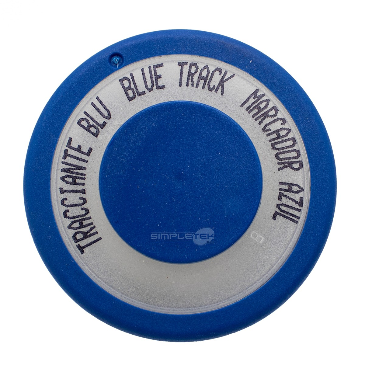 Oggetto rotondo blu con anello argentato e scritta nera Blue Track.