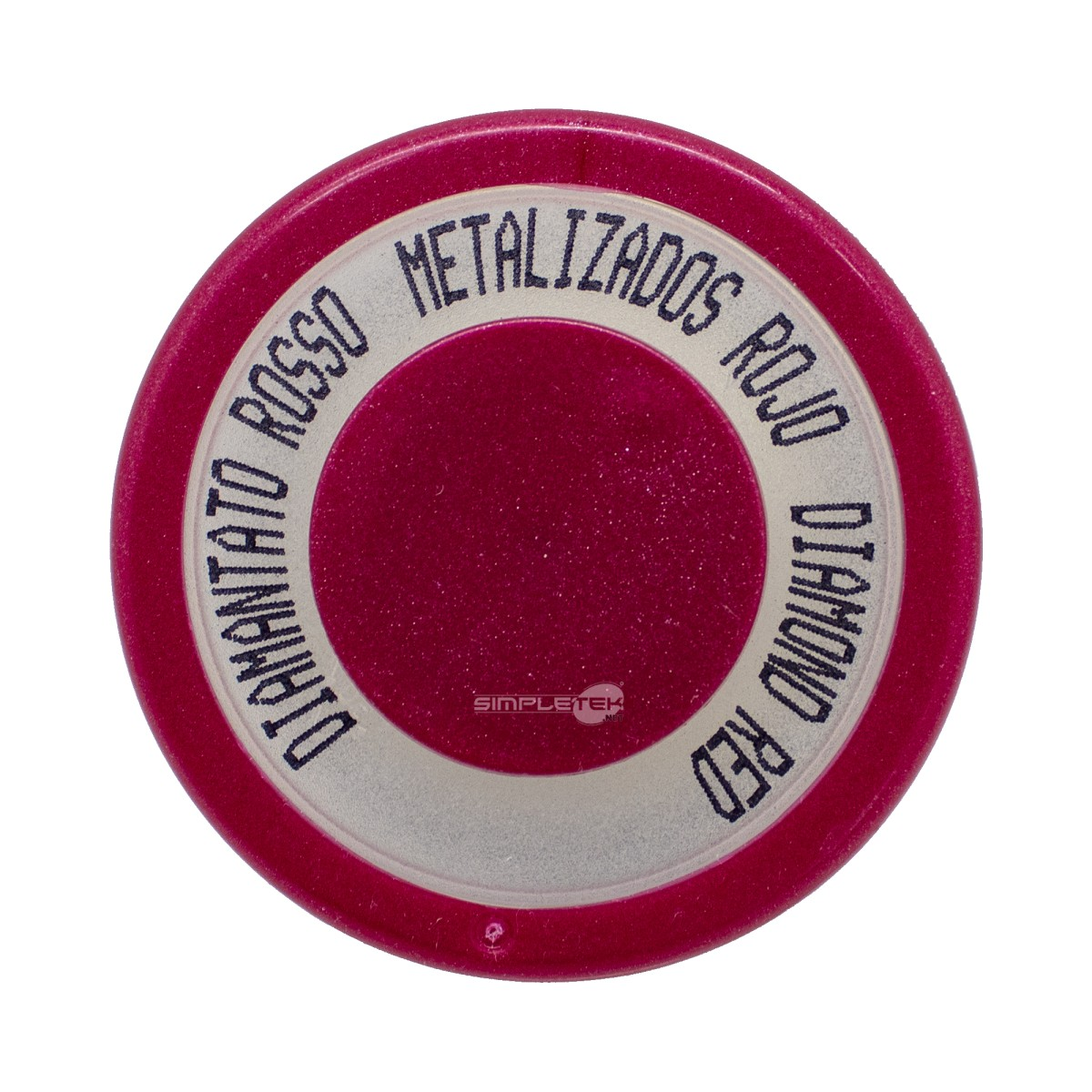 Vista dall'alto di un tappo di bottiglia rosa con centro rosso metallizzato.