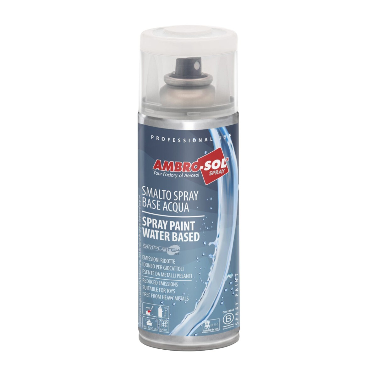 Una bomboletta spray argentata Ambro-Sol a base acqua con tappo trasparente su sfondo bianco.