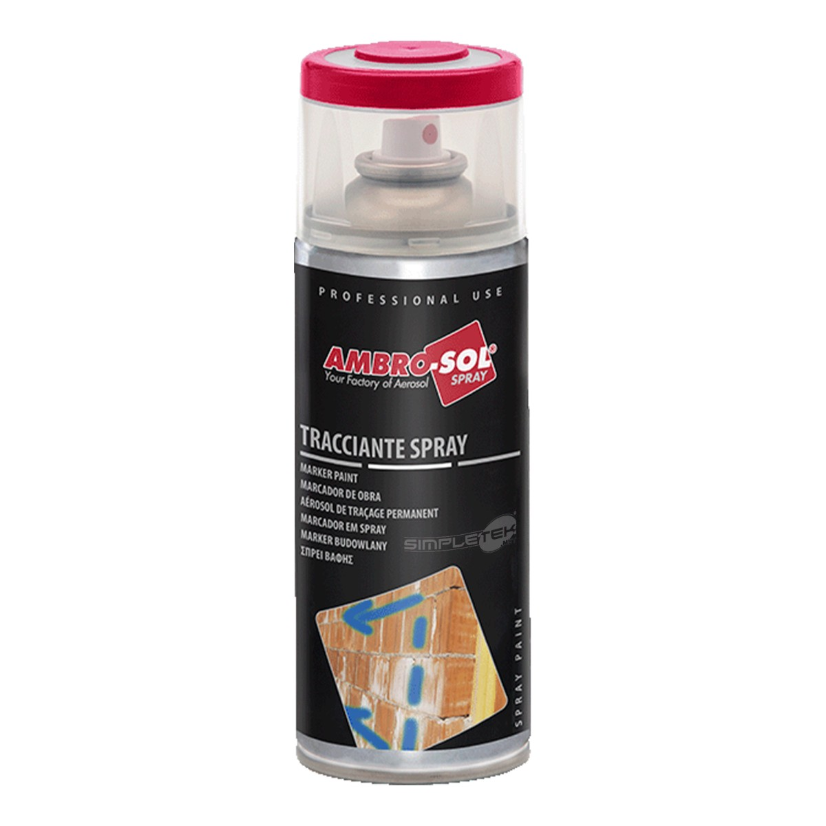 Bomboletta spray nera Ambrosol con tappo rosso e l'immagine di linee di marcatura blu sui mattoni.