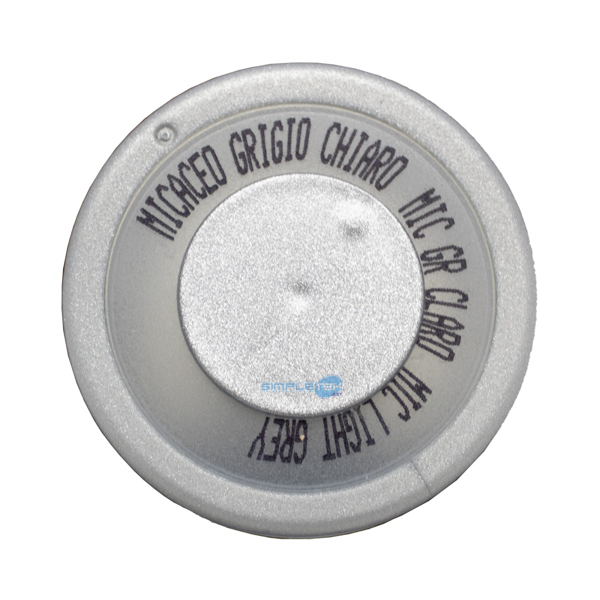 Tappo di bomboletta spray rotondo argentato con la scritta MICACEO GRIGIO CHIARO MIC LIGHT GREY.
