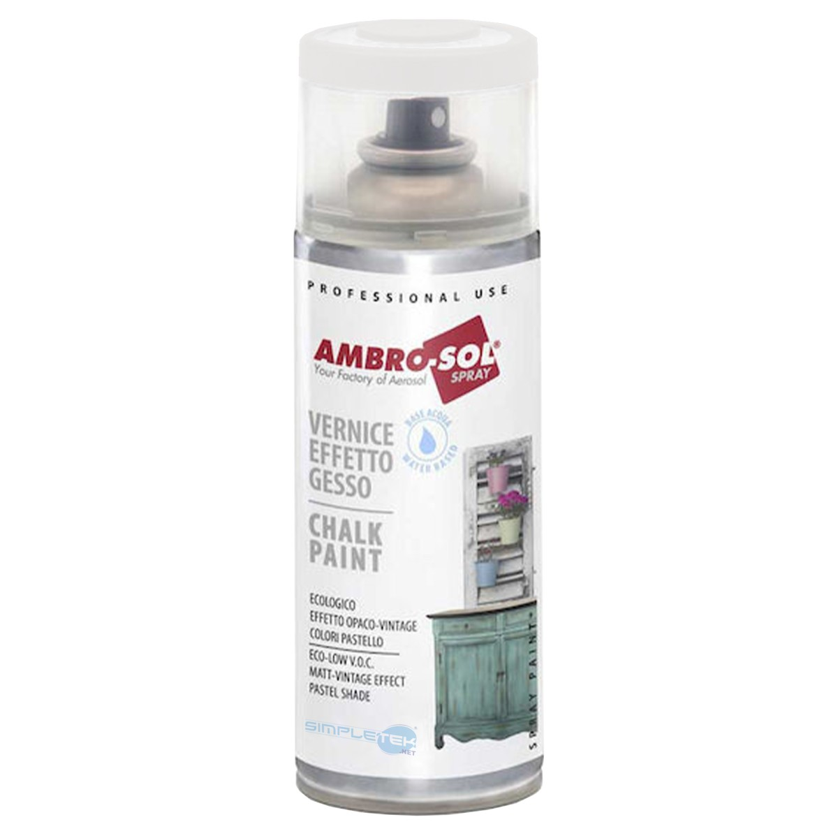 Una bomboletta spray di pittura effetto gesso Ambro-Sol con etichetta bianca, logo rosso e tappo trasparente.