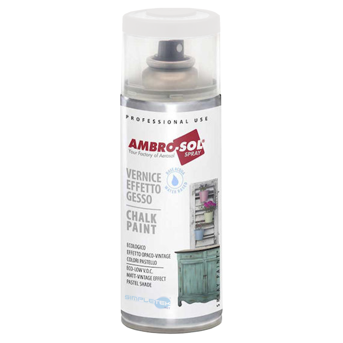 Una bomboletta spray con etichetta bianca per vernice effetto gesso Ambro-Sol e tappo trasparente.