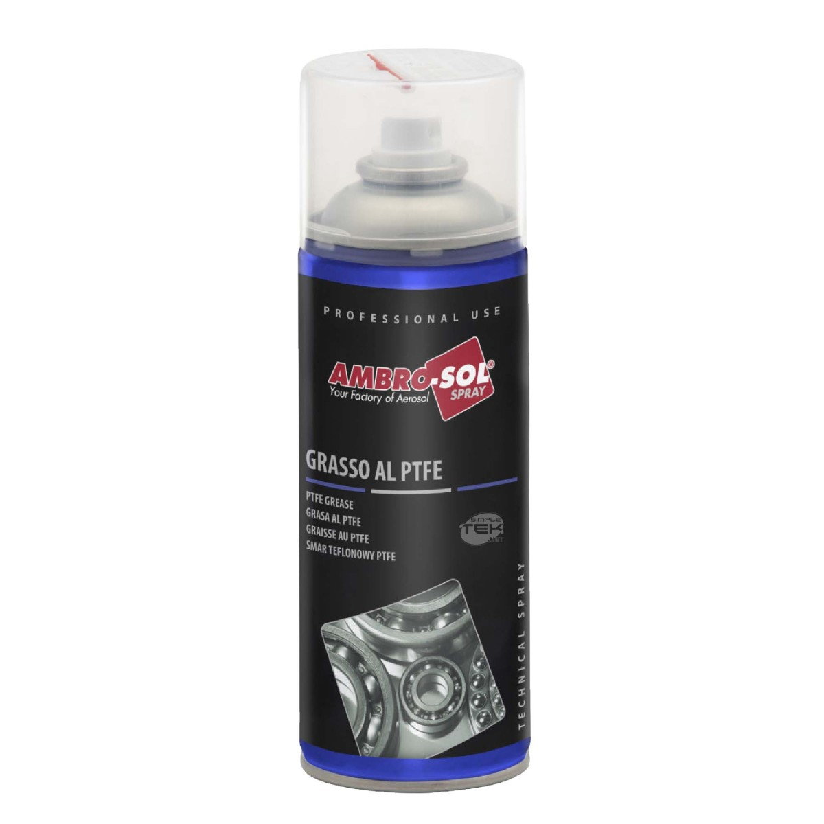 Bomboletta spray di grasso PTFE Ambro-Sol blu con tappo trasparente su sfondo bianco.