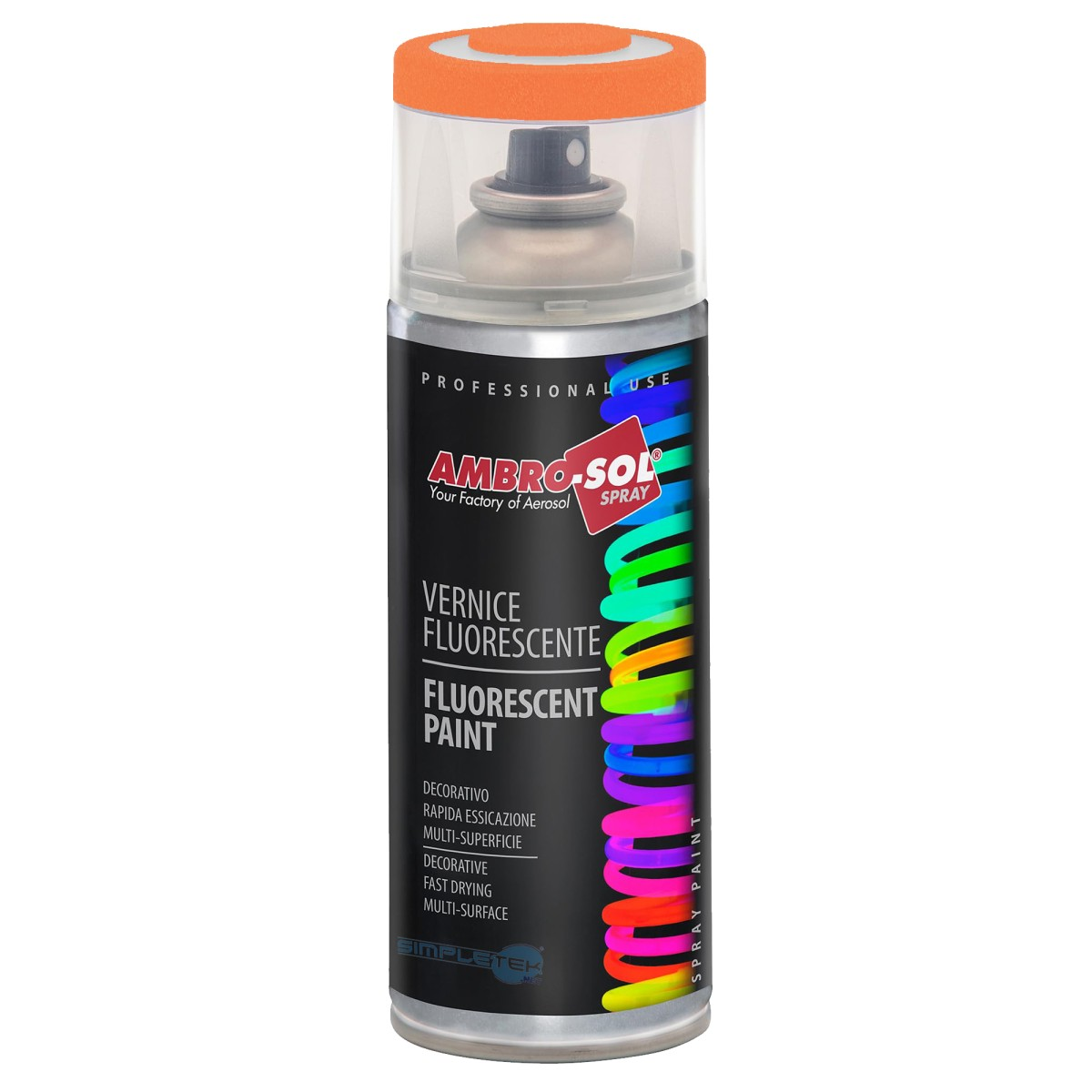 Bomboletta spray con etichetta nera, motivo a spirale colorato e tappo arancione su sfondo bianco.