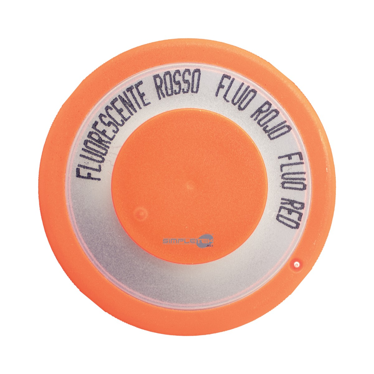 Tappo rotondo arancione con la scritta FLUORESCENTE ROSSO FLUO ROJO FLUO RED su sfondo bianco.