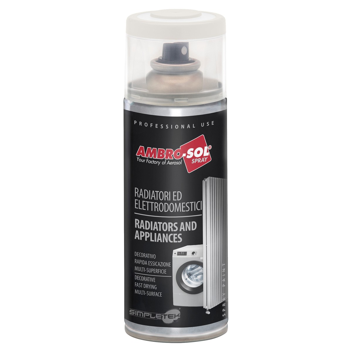Bomboletta spray aerosol con etichetta nera per radiatori ed elettrodomestici.