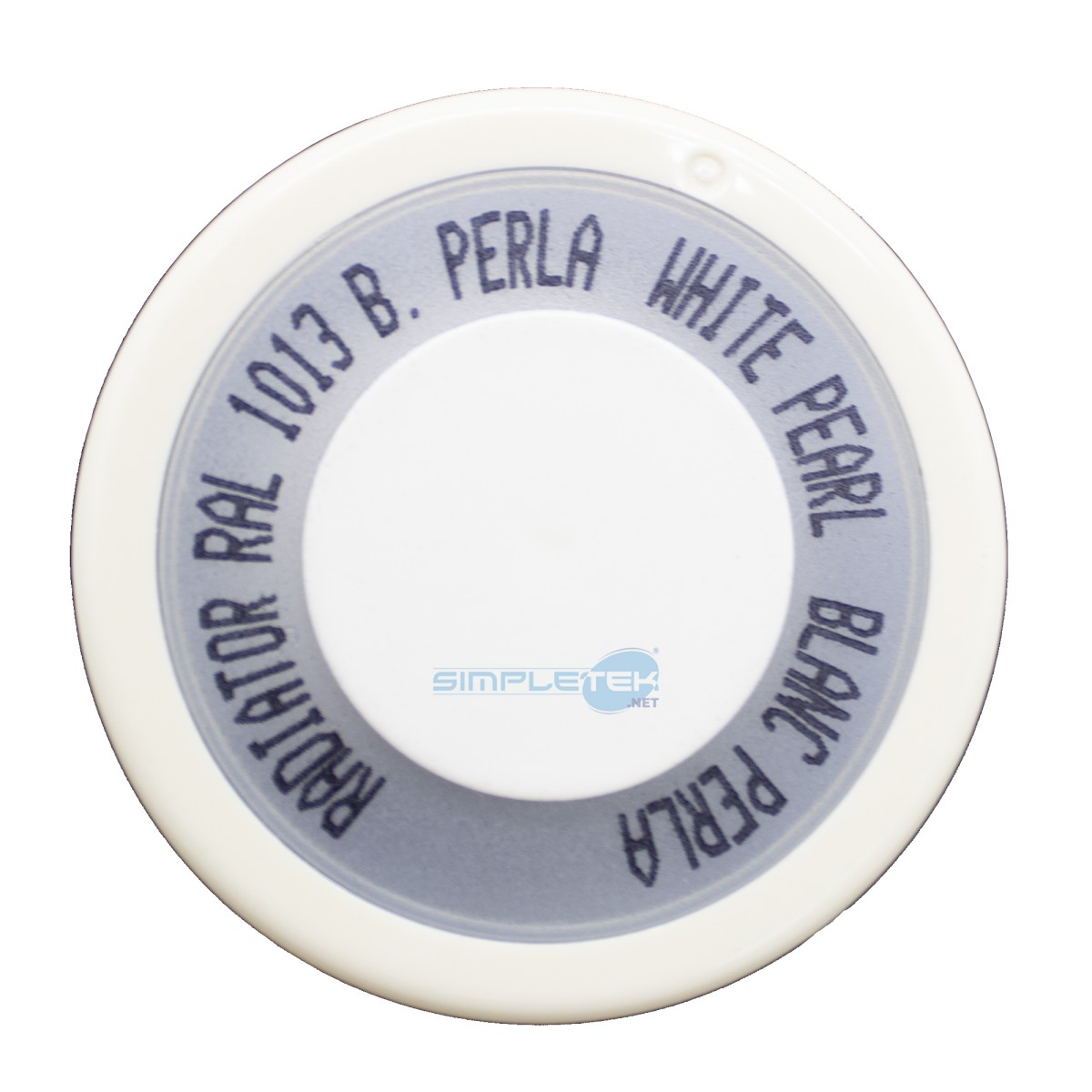 Un tappo per vernice per radiatore bianco e circolare con testo e logo Simpletek.