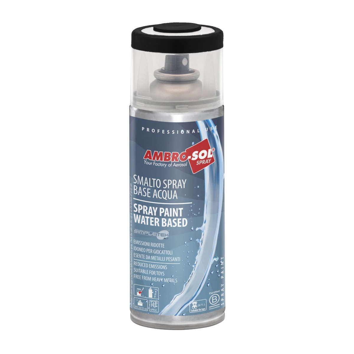 Una bomboletta spray Ambro-Sol con scritta blu e bianca, con tappo trasparente e coperchio nero su sfondo bianco.