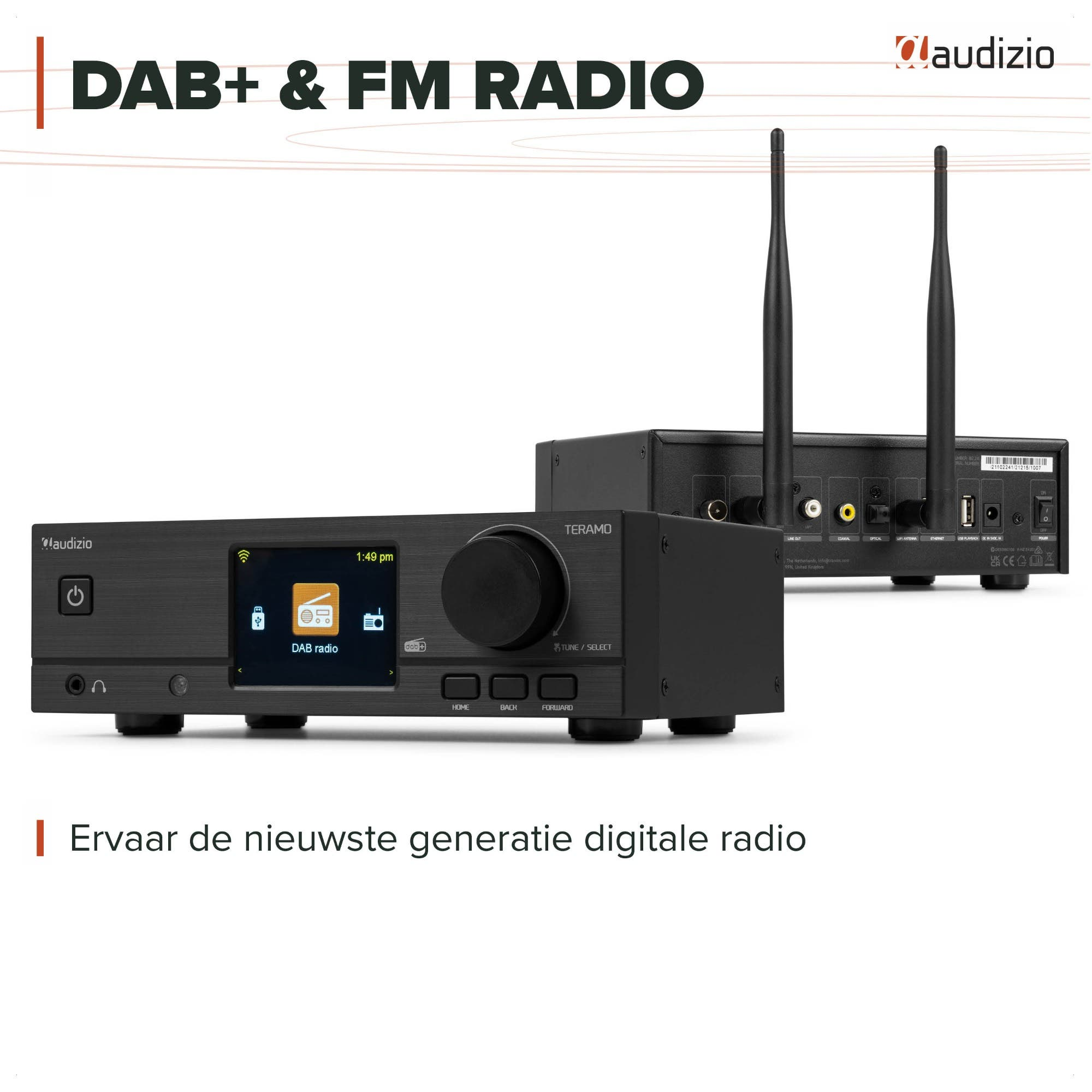 Radio DAB+ y FM Audizio Teramo negra con doble antena y pantalla digital.