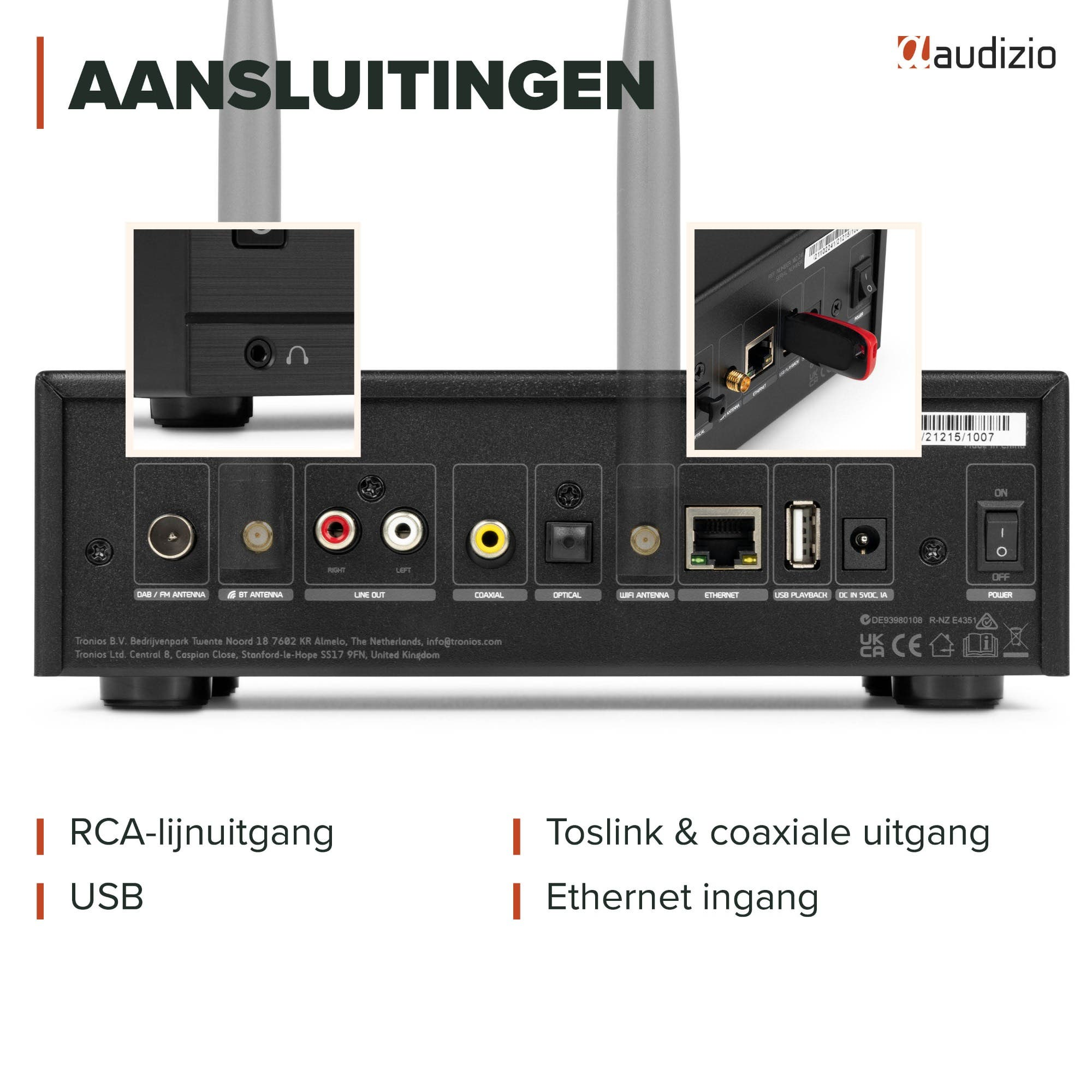 Panel trasero de un dispositivo Audizio con varios puertos como RCA, coaxial, óptico, Ethernet, USB y encendido.