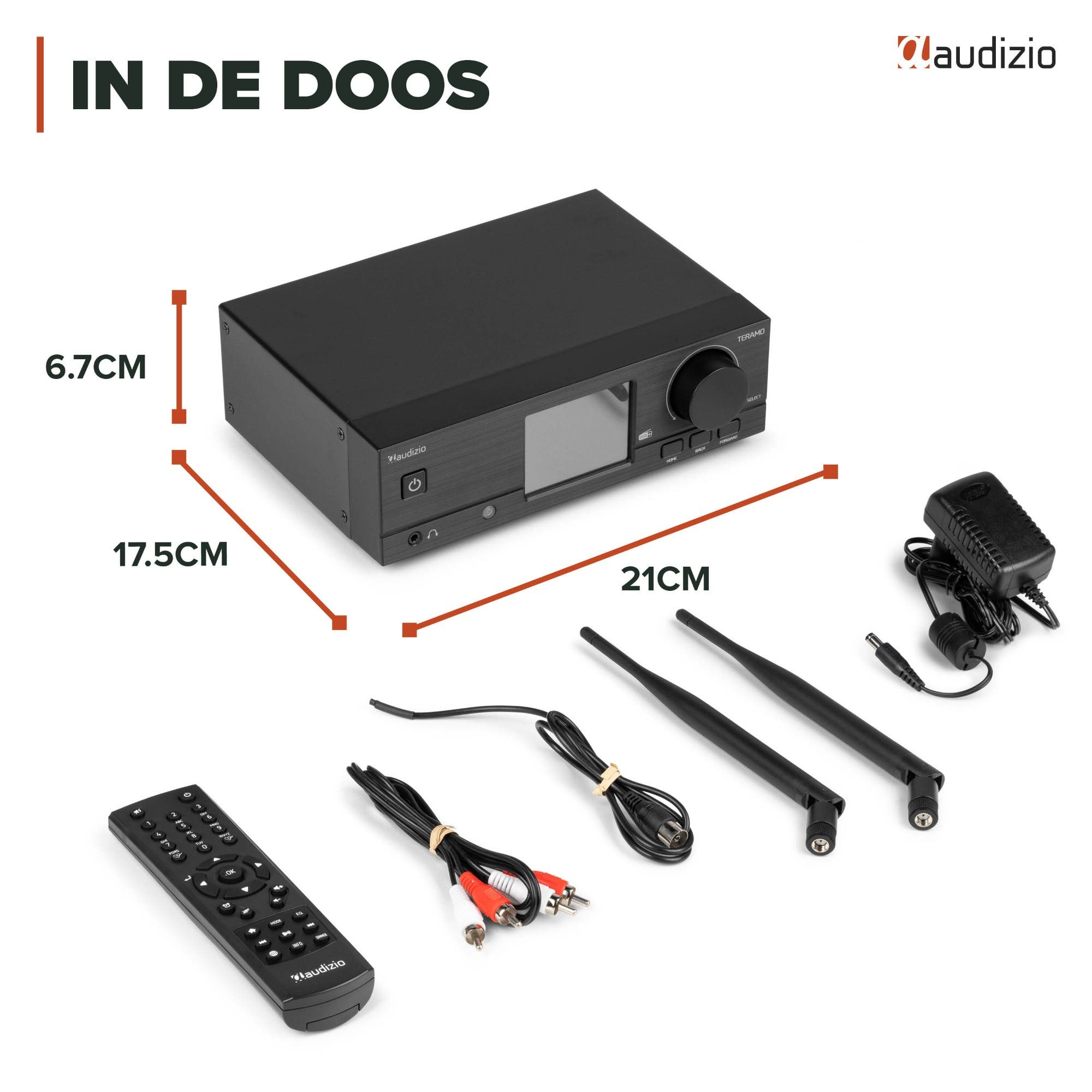 Receptor hifi Audizio Teramo con dimensiones, mando, cables, antenas y adaptador.