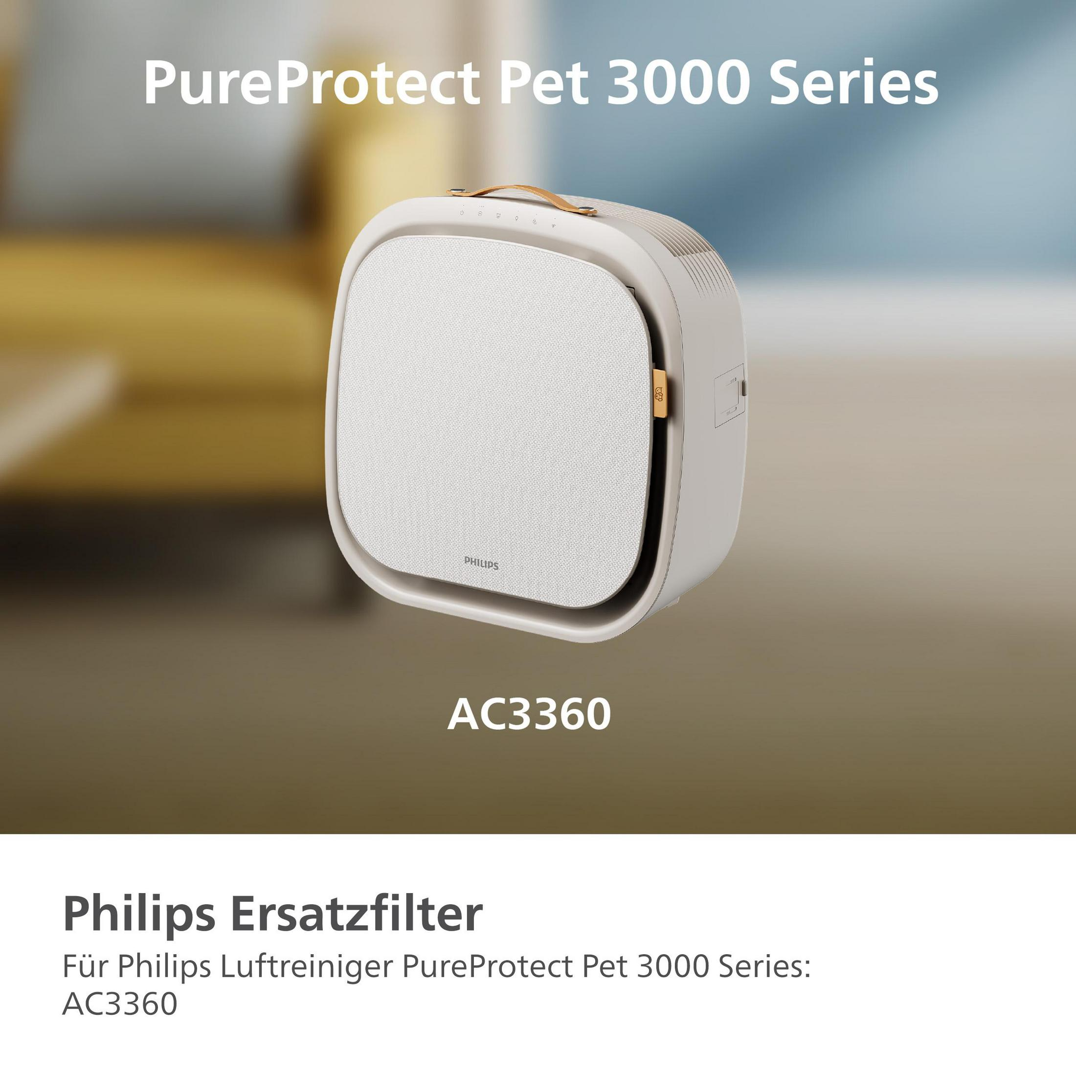 Philips PureProtect Pet 3000 Series AC3360 bézs színű légtisztító fehér előlappal és barna füllel.