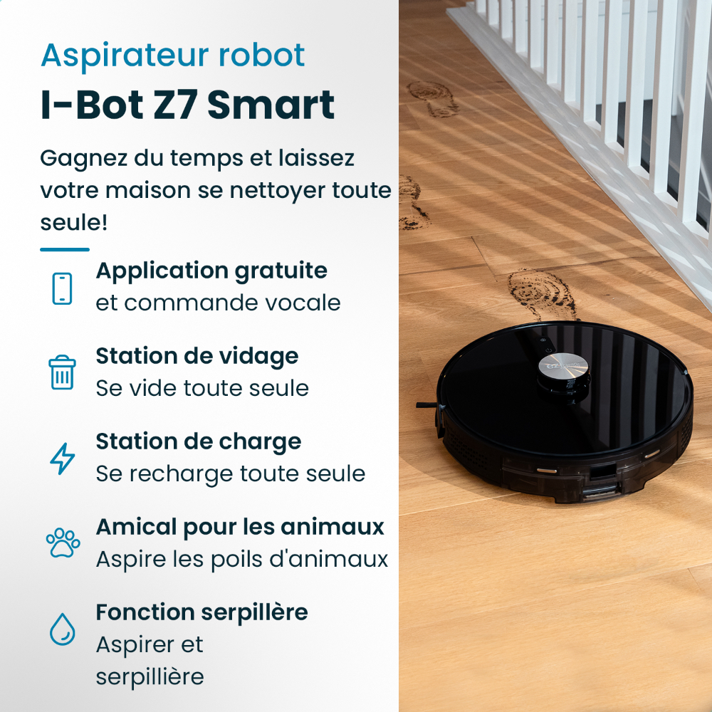 Un robot aspirador negro en un suelo de madera con huellas, junto a características del producto en francés.