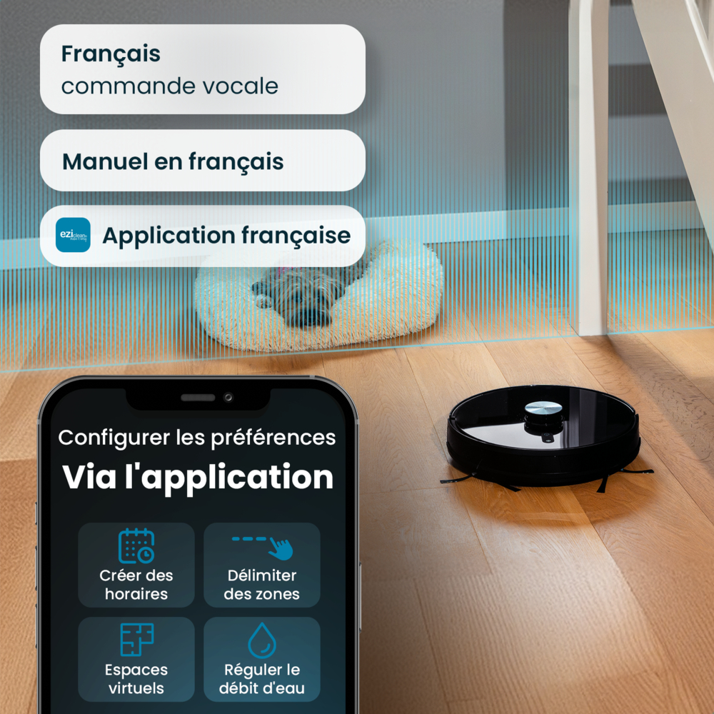 Un robot aspirador en suelo de madera con aplicación móvil y cama de perro al fondo.
