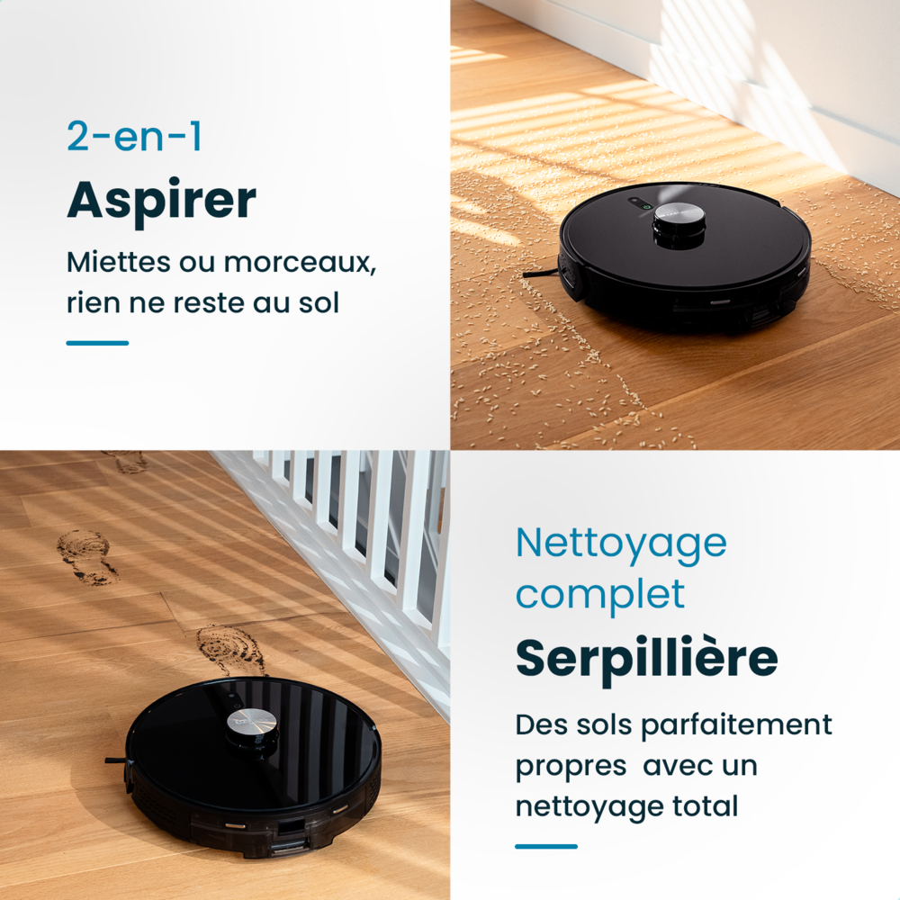 Un robot aspirador negro limpia un suelo de madera, aspirando suciedad.
