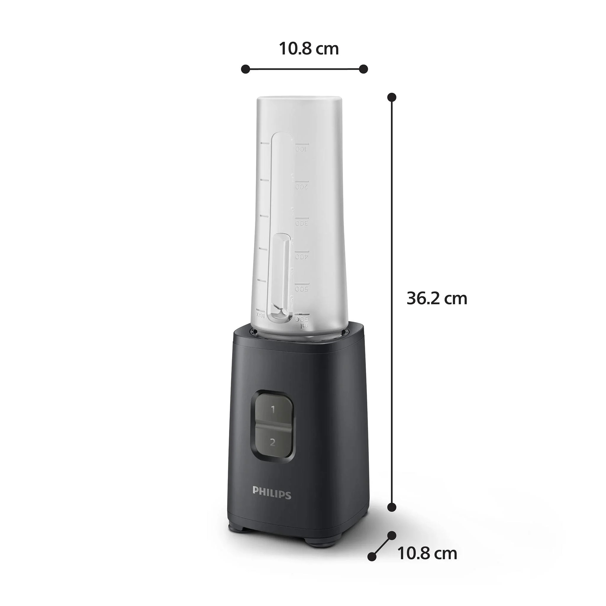 Fekete Philips turmixgép 36,2 cm-es magassággal és 10,8 cm-es szélességgel.