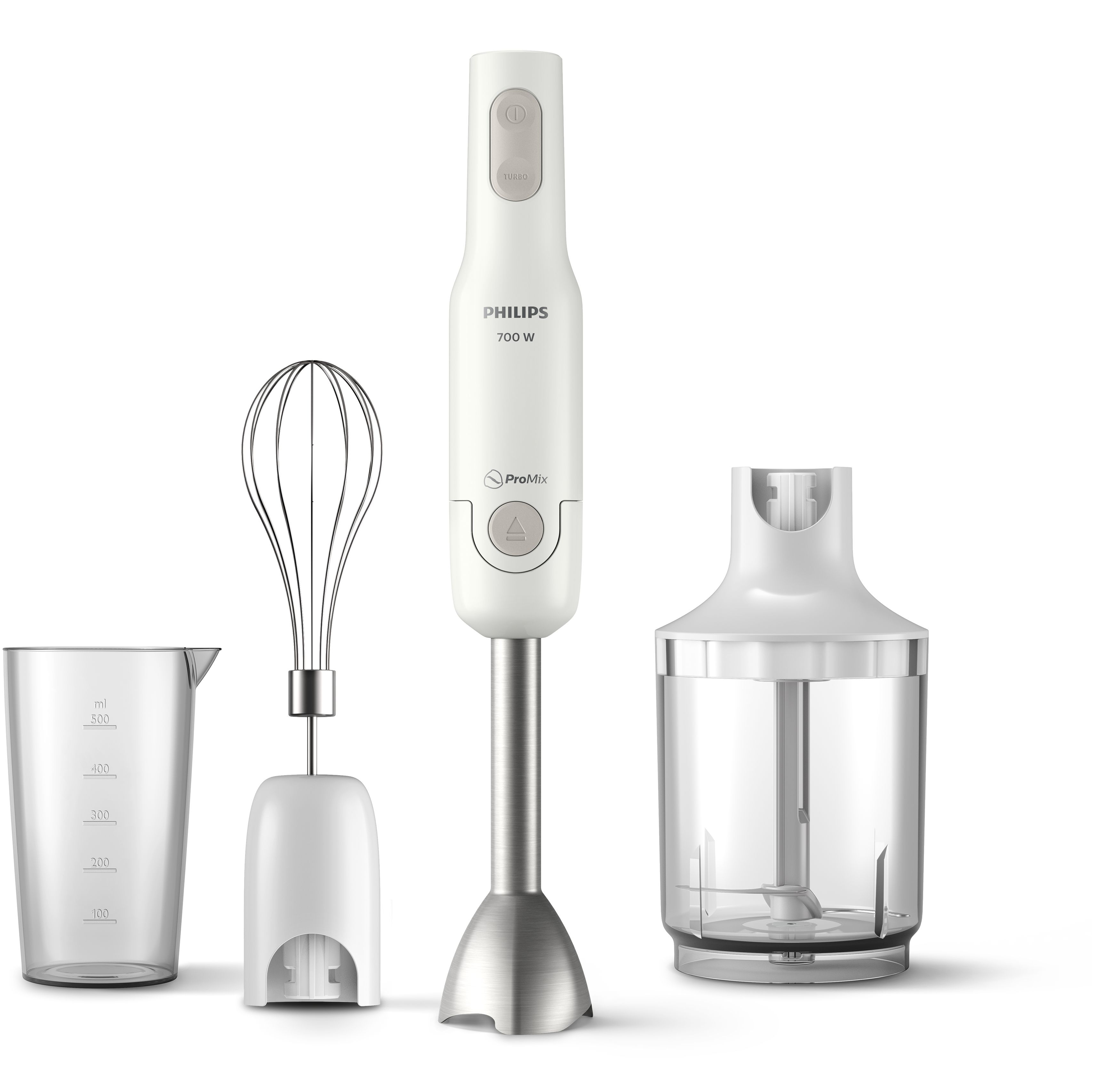 Frullatore ad immersione Philips bianco con bicchiere graduato, frusta e tritatutto.