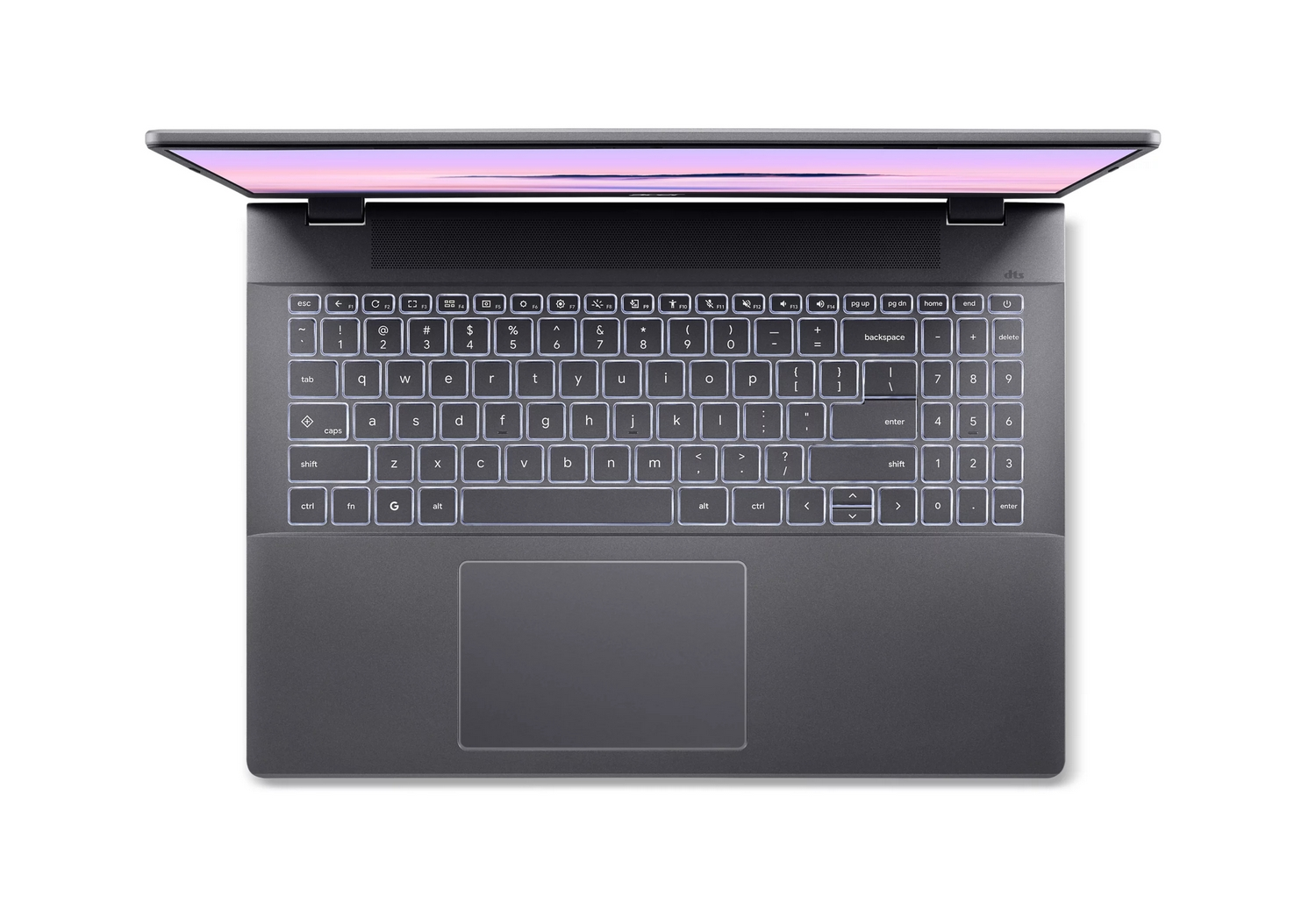 Vista dall'alto di un laptop grigio con tastiera retroilluminata e touchpad su sfondo bianco.