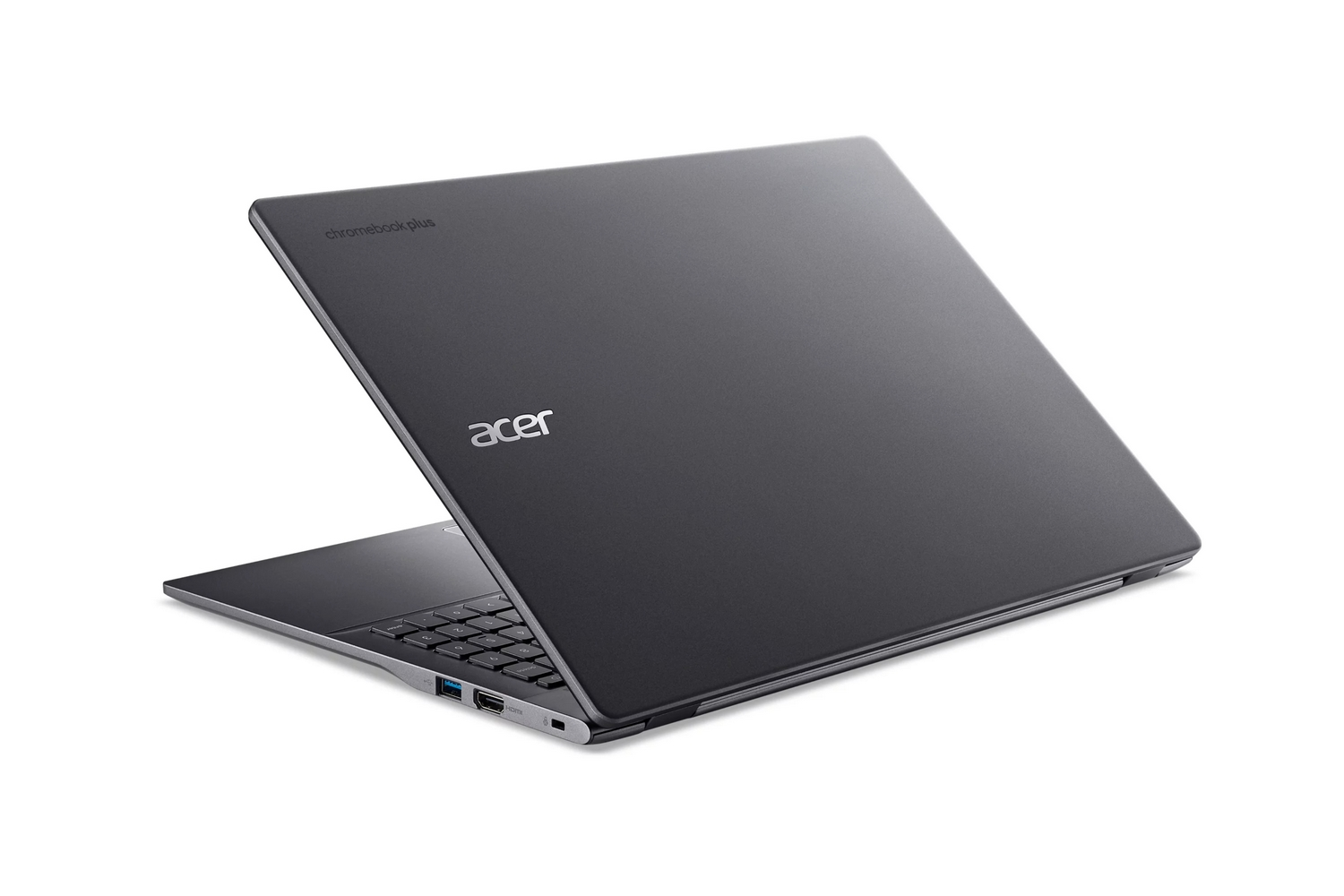 Un computer portatile grigio Acer Chromebook Plus su sfondo bianco, visto dalla cover posteriore.