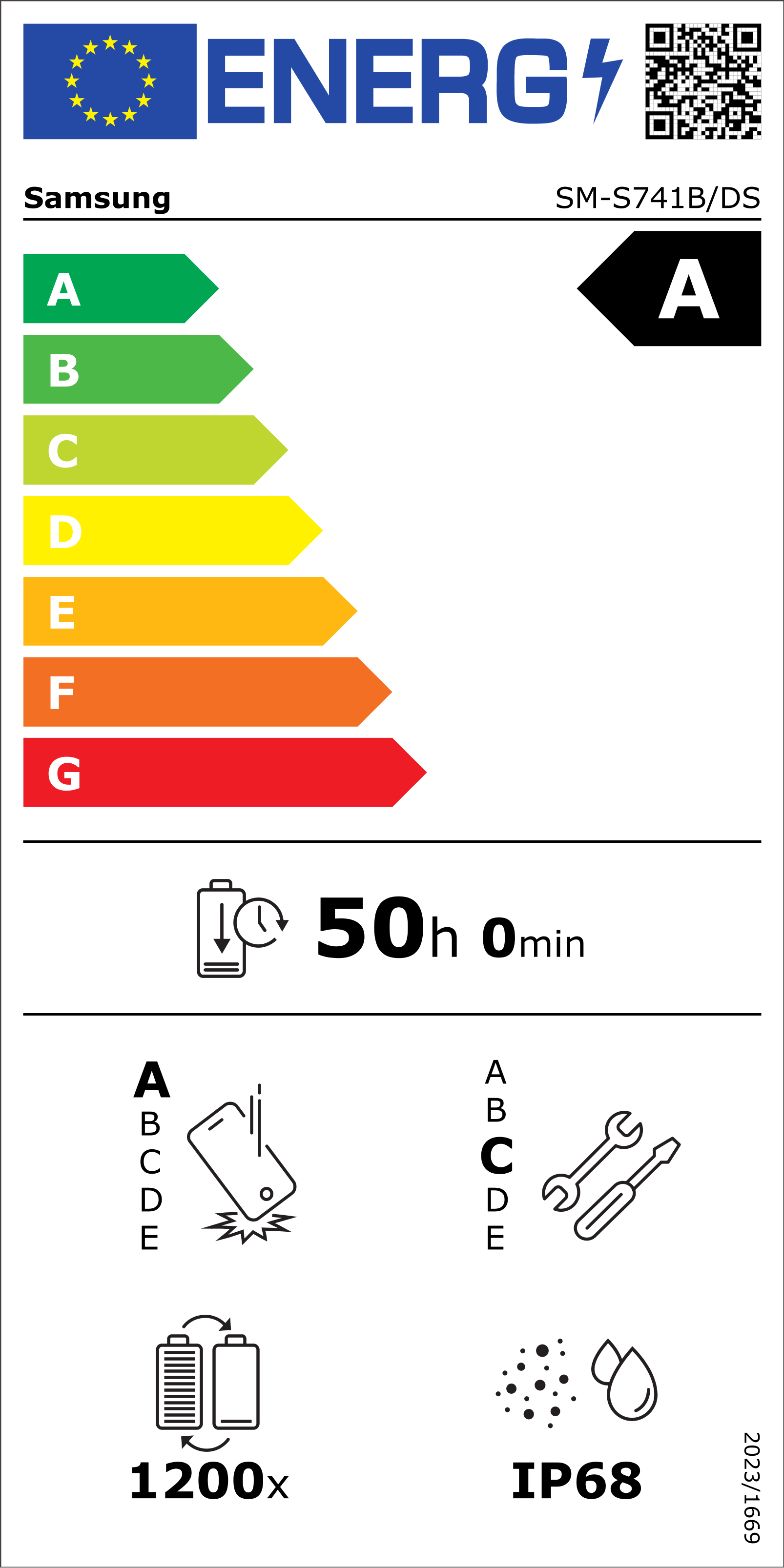 Samsung Smartphone Energieeffizienzlabel mit A-Klasse, Akkulaufzeit von 50h, Reparaturindex und IP68 Schutz.