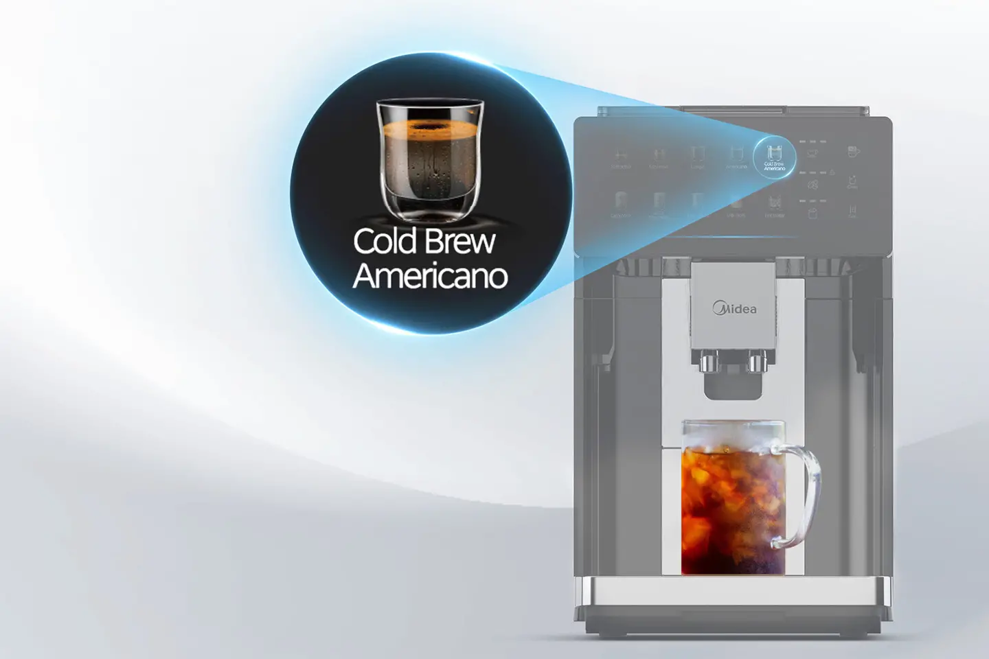 Midea kahve makinesi, Soğuk Demleme Amerikan ayarını ve buzlu içeceği vurgulayan parlayan bir daireyle gösterilir.