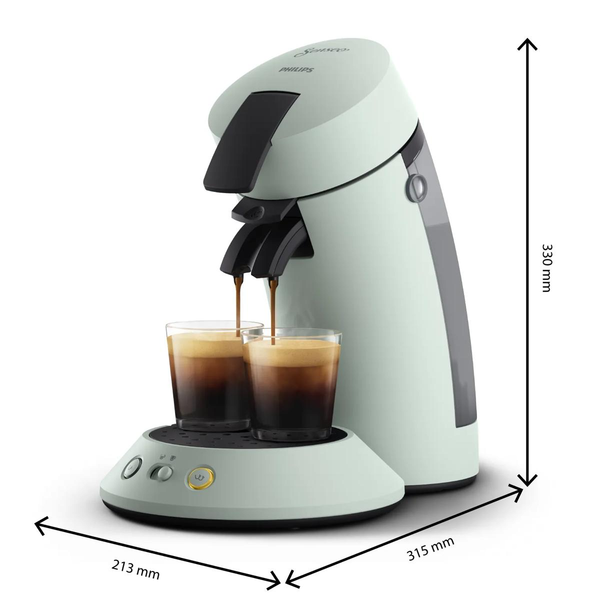 Macchina da caffè Philips verde chiaro versa caffè in due tazze di vetro, con dimensioni.