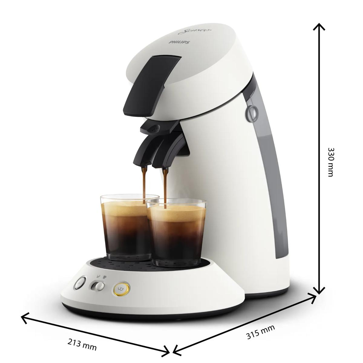 Una macchina da caffè bianca eroga caffè in due bicchieri, con dimensioni.