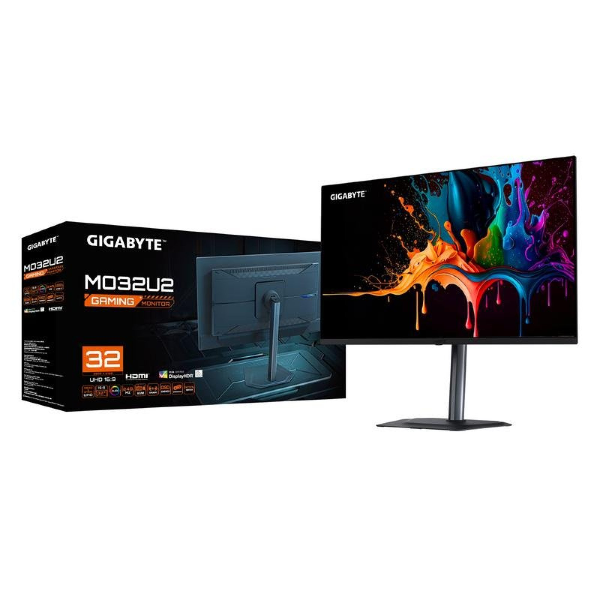 Gigabyte M32U2 Gaming-Monitor mit buntem Display neben seiner Verpackung auf weißem Hintergrund.