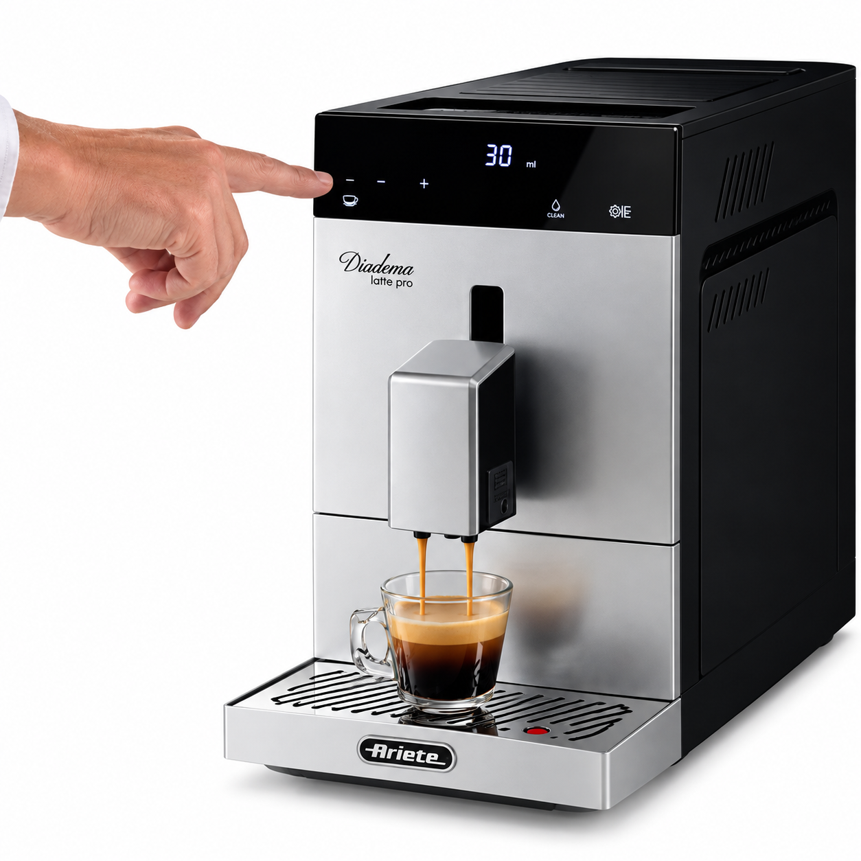 Una mano sfiora il display di una macchina da caffè Diadema Latte Pro che eroga caffè in una tazza.