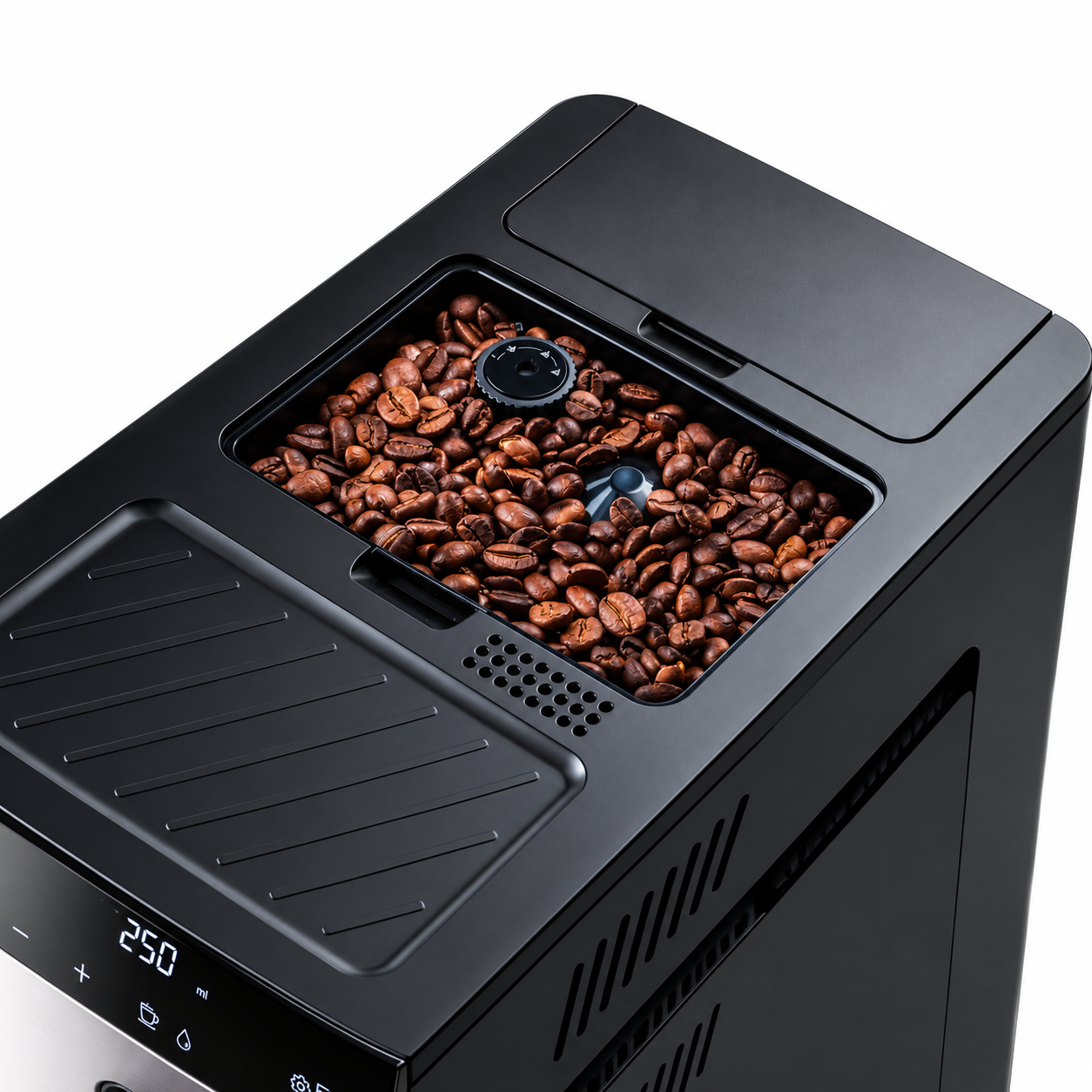 Vista dall'alto di una macchina da caffè nera con uno scomparto pieno di chicchi di caffè marroni e un display digitale.