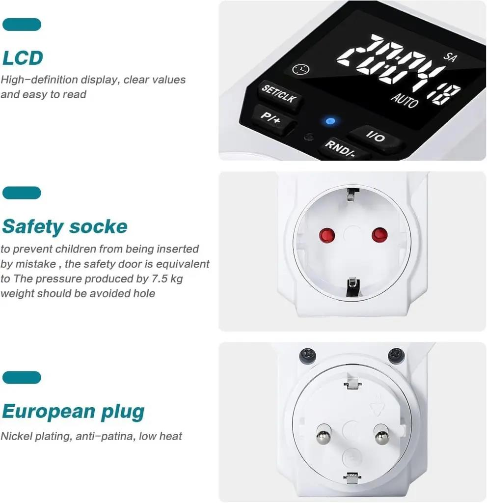 LCD ekranlı, güvenlik soketli ve Avrupa fişli dijital zamanlayıcı anahtarı.