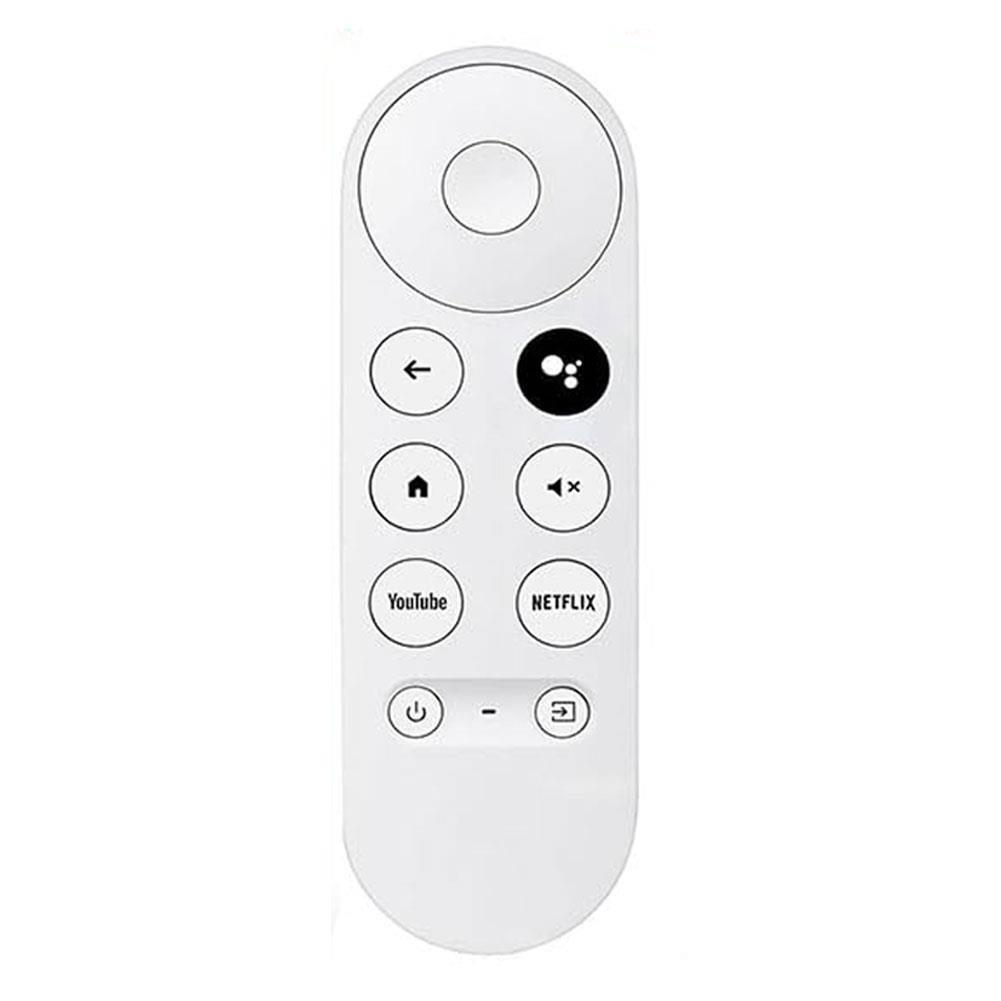 YouTube, Netflix ve ses kontrolü için yuvarlak düğmelere sahip beyaz bir Google TV uzaktan kumandası.