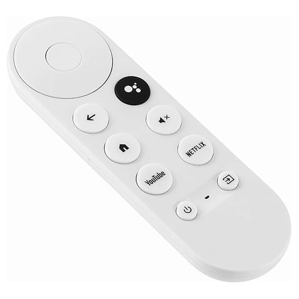 Netflix ve YouTube kısayolları olan yuvarlak düğmeli beyaz Google TV uzaktan kumandası.