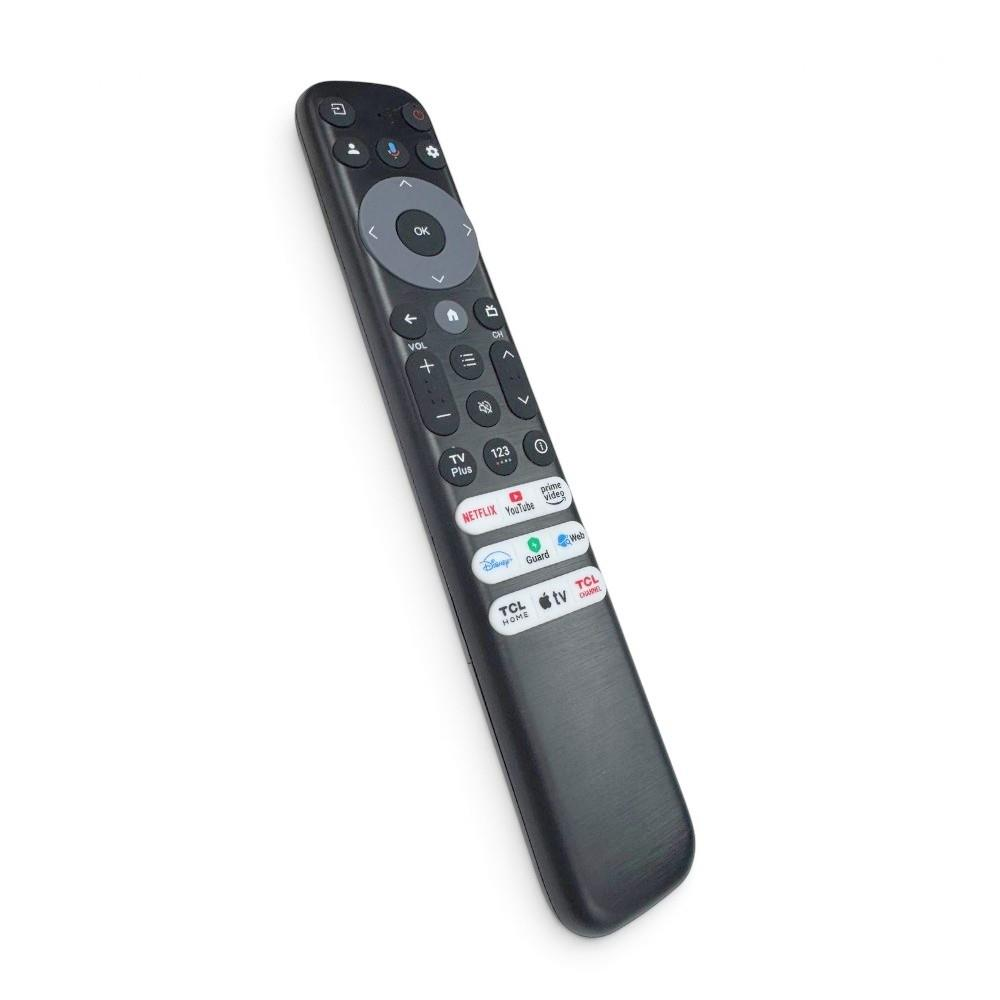 Beyaz arka planda navigasyon, sayı ve uygulama tuşlarına sahip siyah TV kumandası.