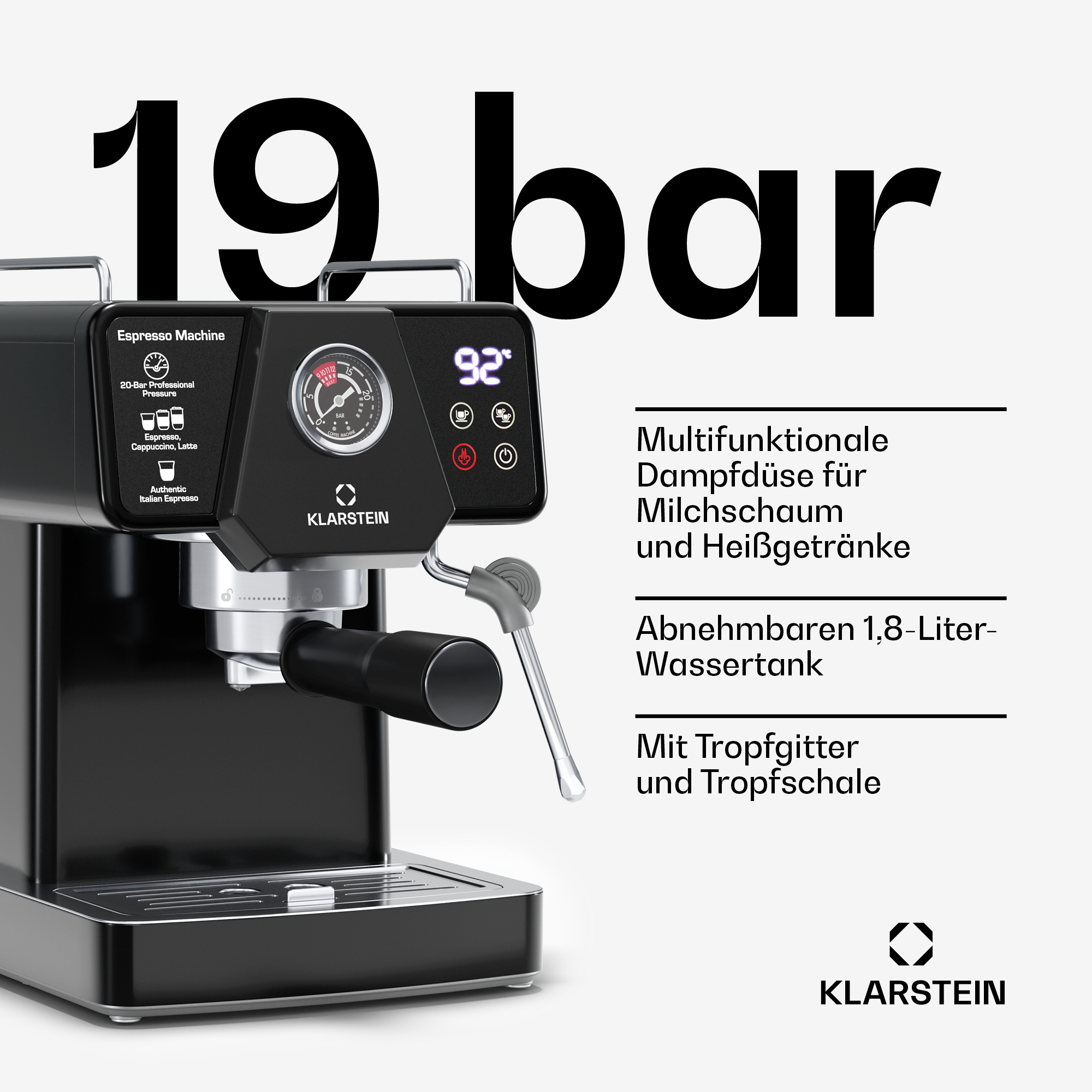Macchina da caffè espresso Klarstein nera con lancia vapore, manometro e testo in tedesco.