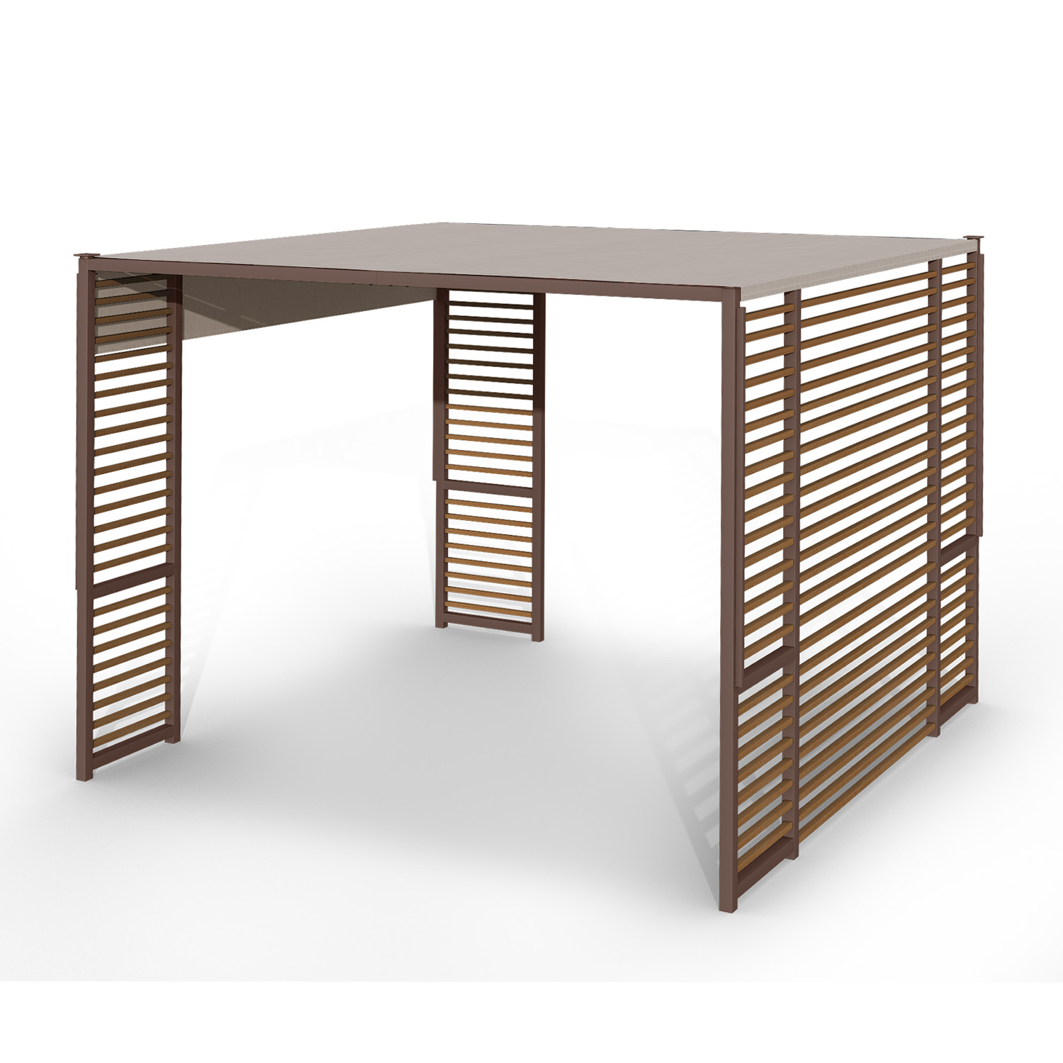 Un moderno gazebo in metallo marrone con pareti laterali a stecche e tetto in tessuto retrattile su sfondo bianco.