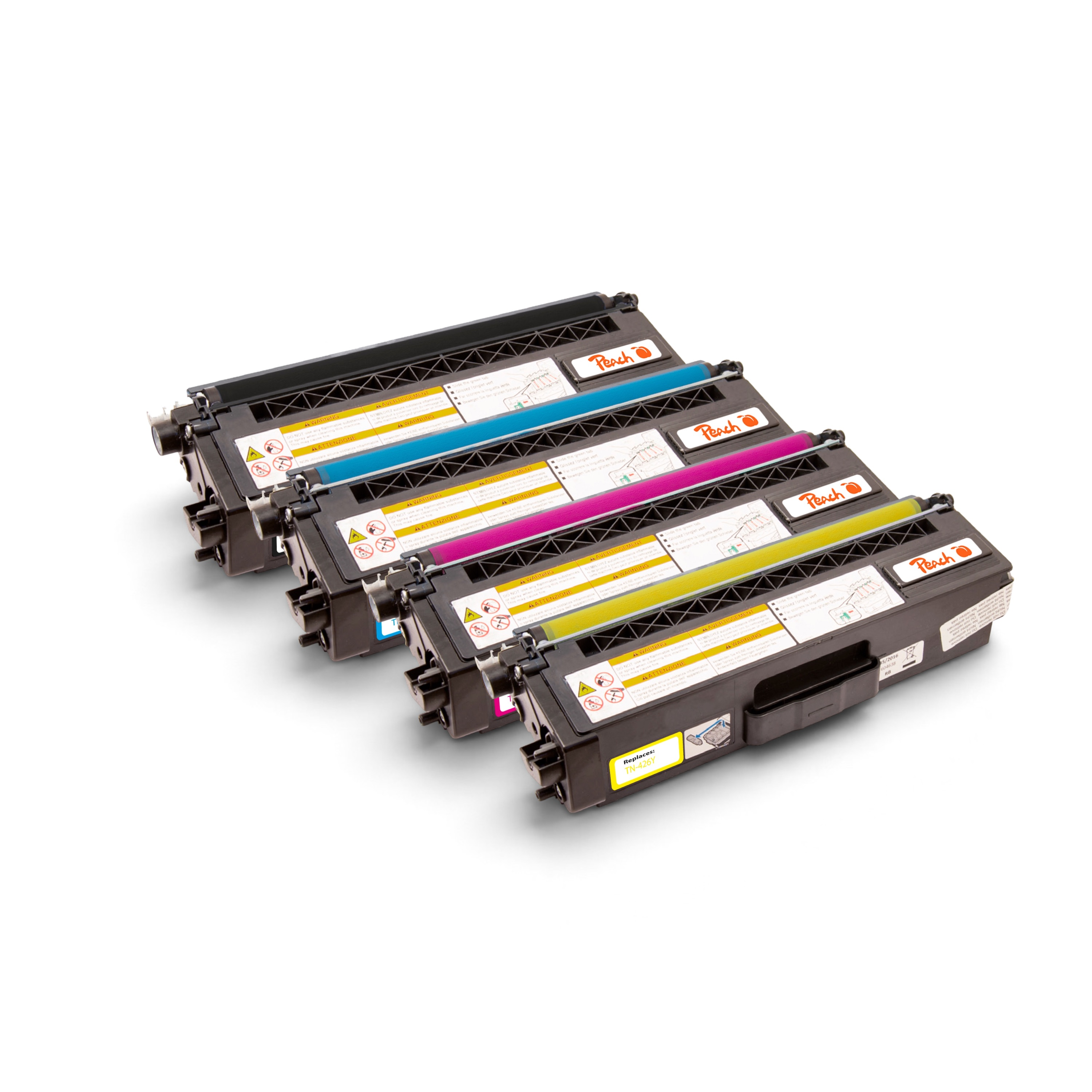 Quattro cartucce di toner per stampante Peach in ciano, magenta, giallo e nero su sfondo bianco.