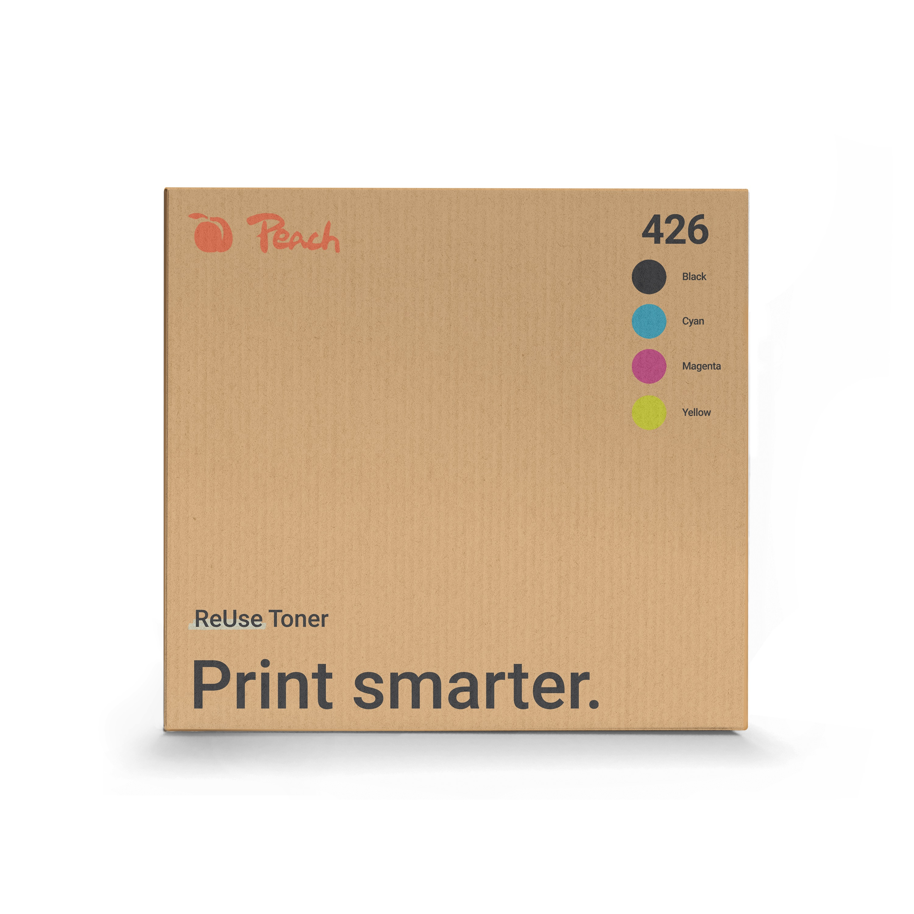 Scatola di toner marrone Peach 426 con punti colorati nero, ciano, magenta e giallo e la scritta Print smarter.