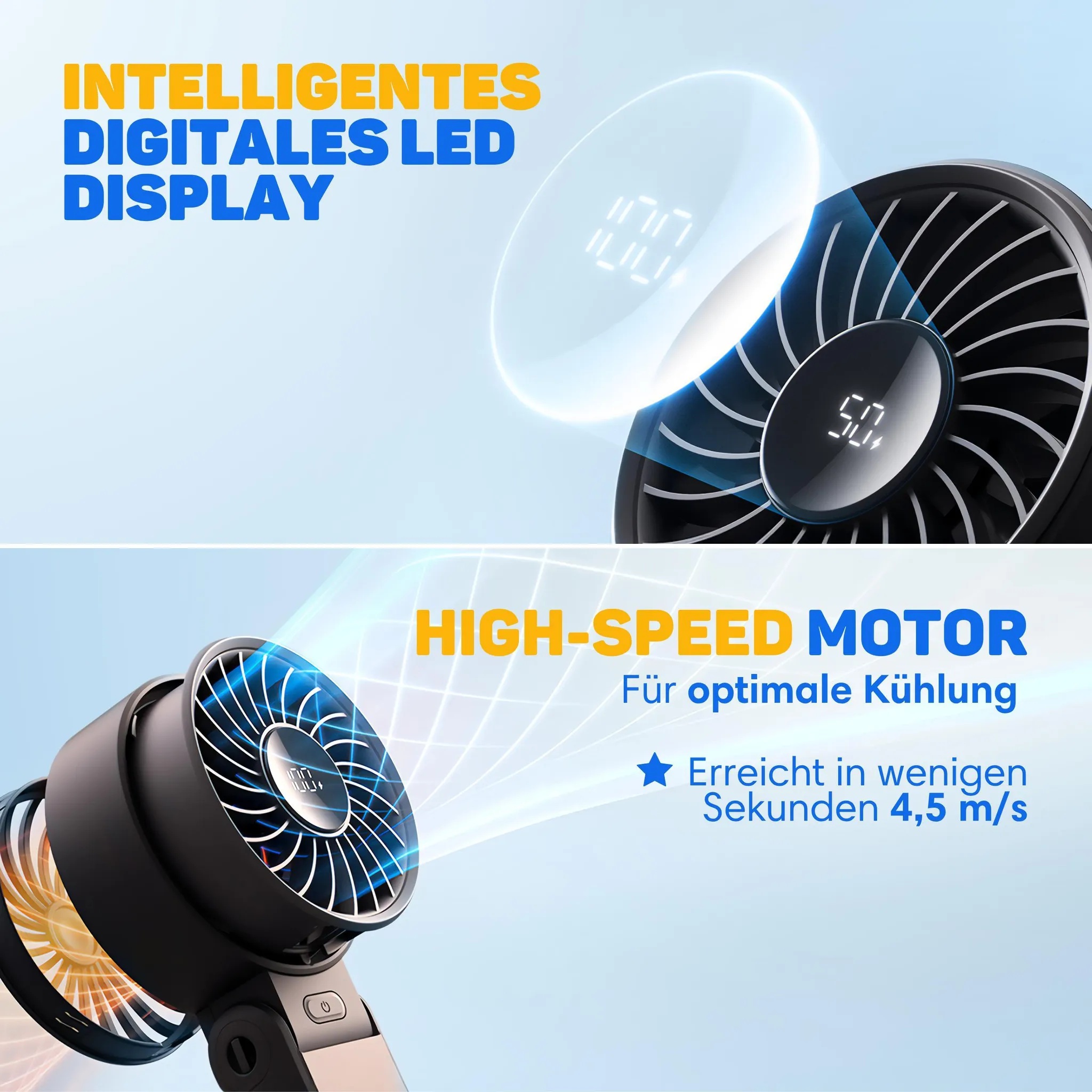 Ein tragbarer Ventilator mit LED-Display und starkem Motor gegen Hitze.