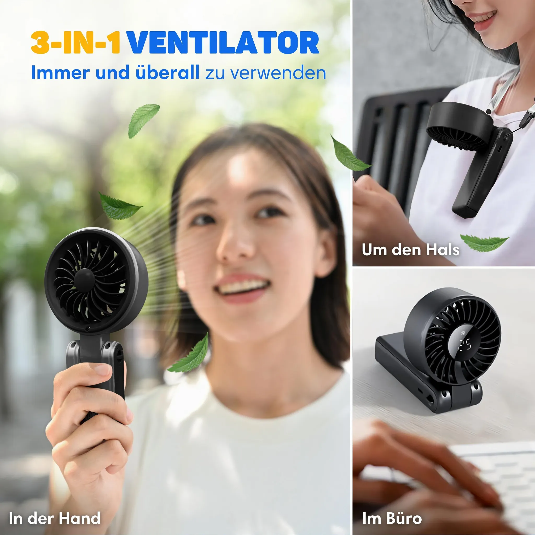 Eine Frau hält einen schwarzen 3-in-1-Handventilator, der auch um den Hals getragen oder auf den Tisch gestellt werden kann.