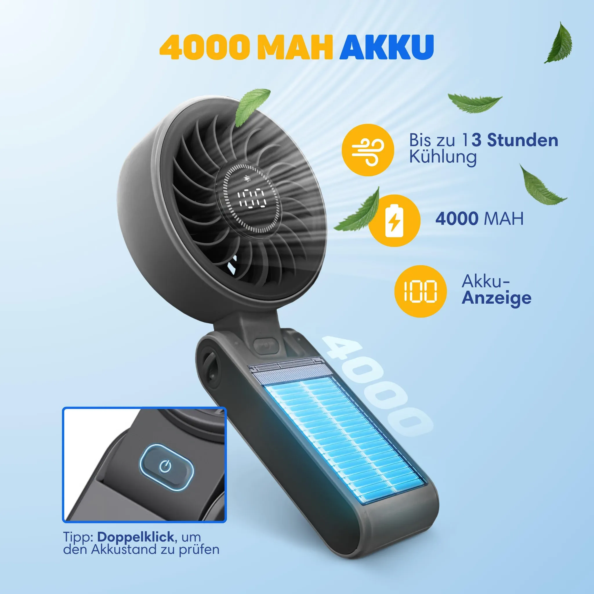 Grauer Handventilator mit LED-Akkuanzeige, Solarpanel und grünen Blättern auf blauem Hintergrund.